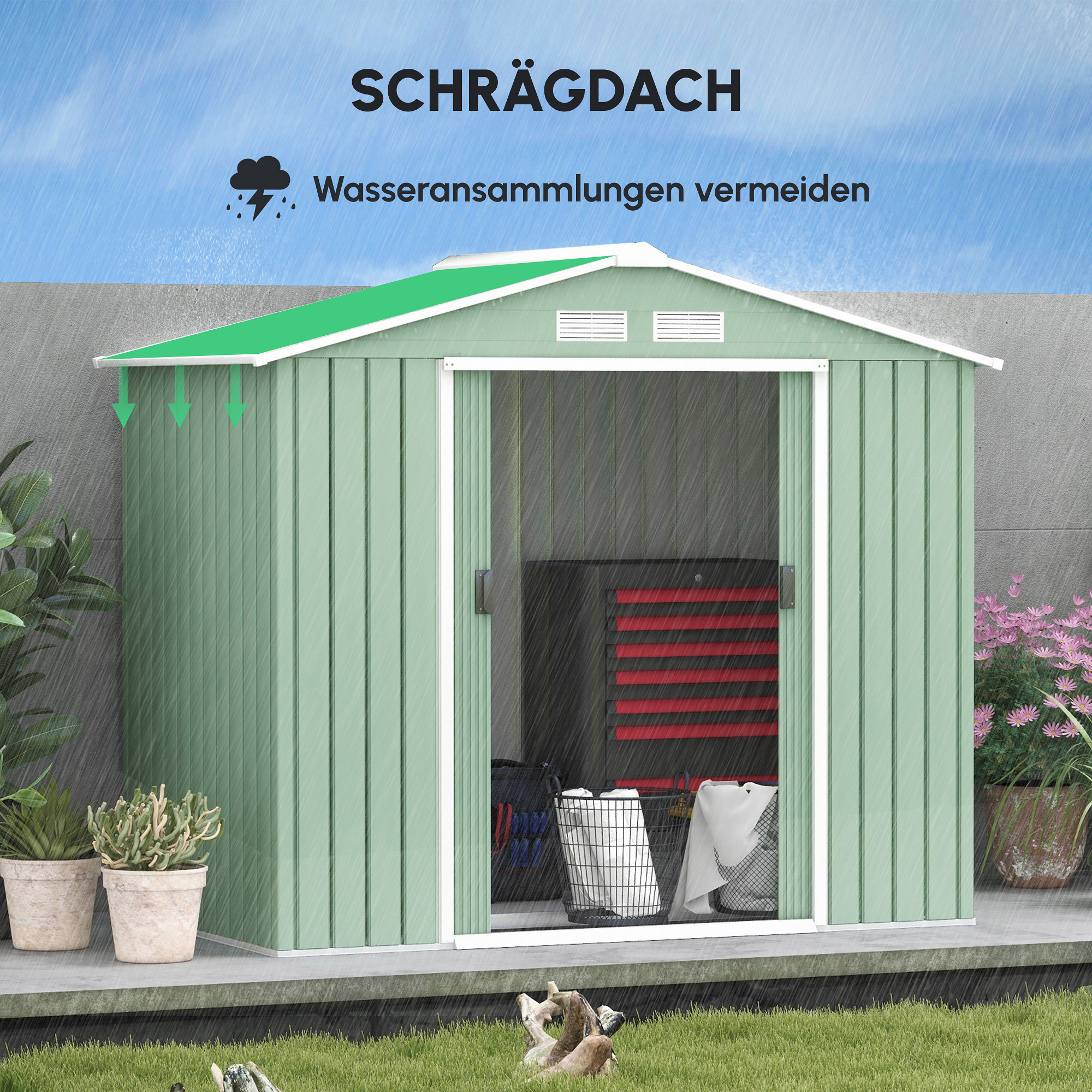 Gartenschuppen, 2 Schiebetüren, Lüftungsfenster, Bodenrahmen, rostfrei, Stahl, hellgrün, 2,13 x 1,30 x 1,85 m