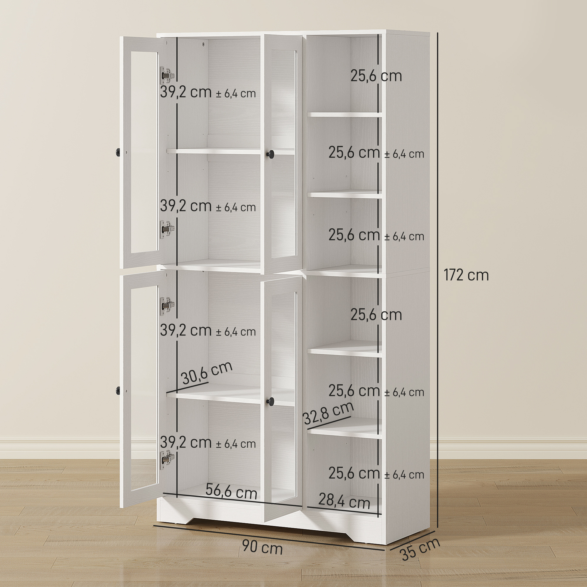 Küchenschrank mit Glastüren, Regale, offene Ablagen, 172 cm groß, MDF, Weiß