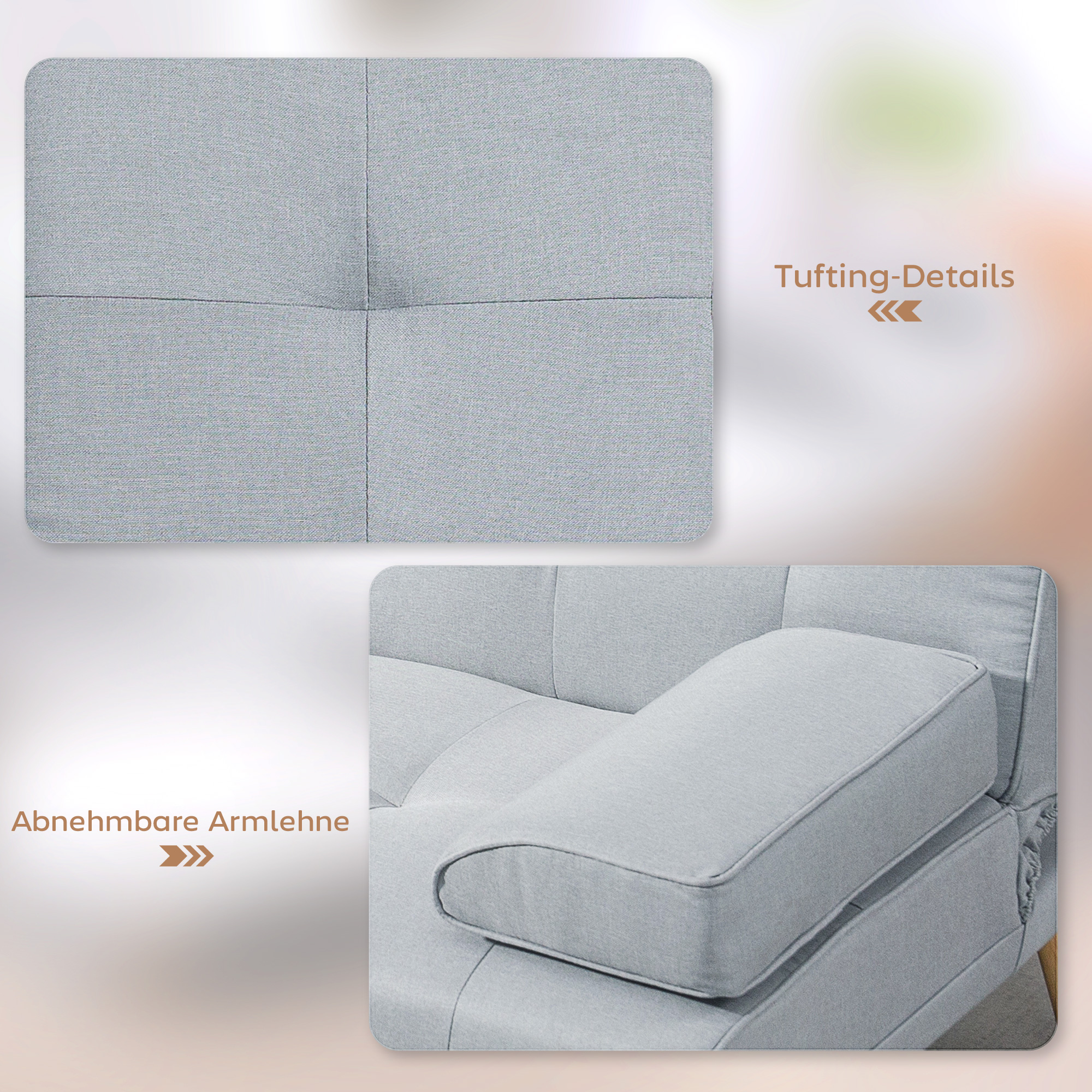 Schlafsofa, 3-Sitzer Sofa, Schlafcouch mit Klappbarem Tisch, Becherhalter, Bettsofa mit Leinenoptik, Couch Gästebet für Wohnzimmer, Hellgrau