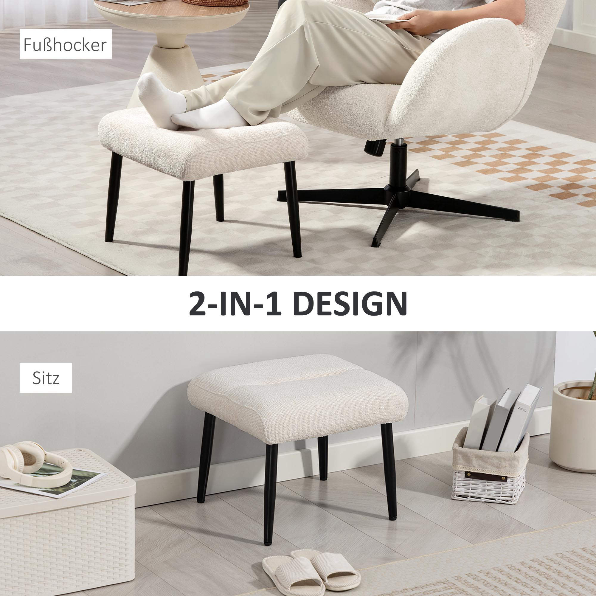 Sitzhocker Hocker mit weichem Sitzkissen Stahlbeinen Fußhocker mit Chenille-Stoff, 45 x 41 x 38 cm, Cremeweiß