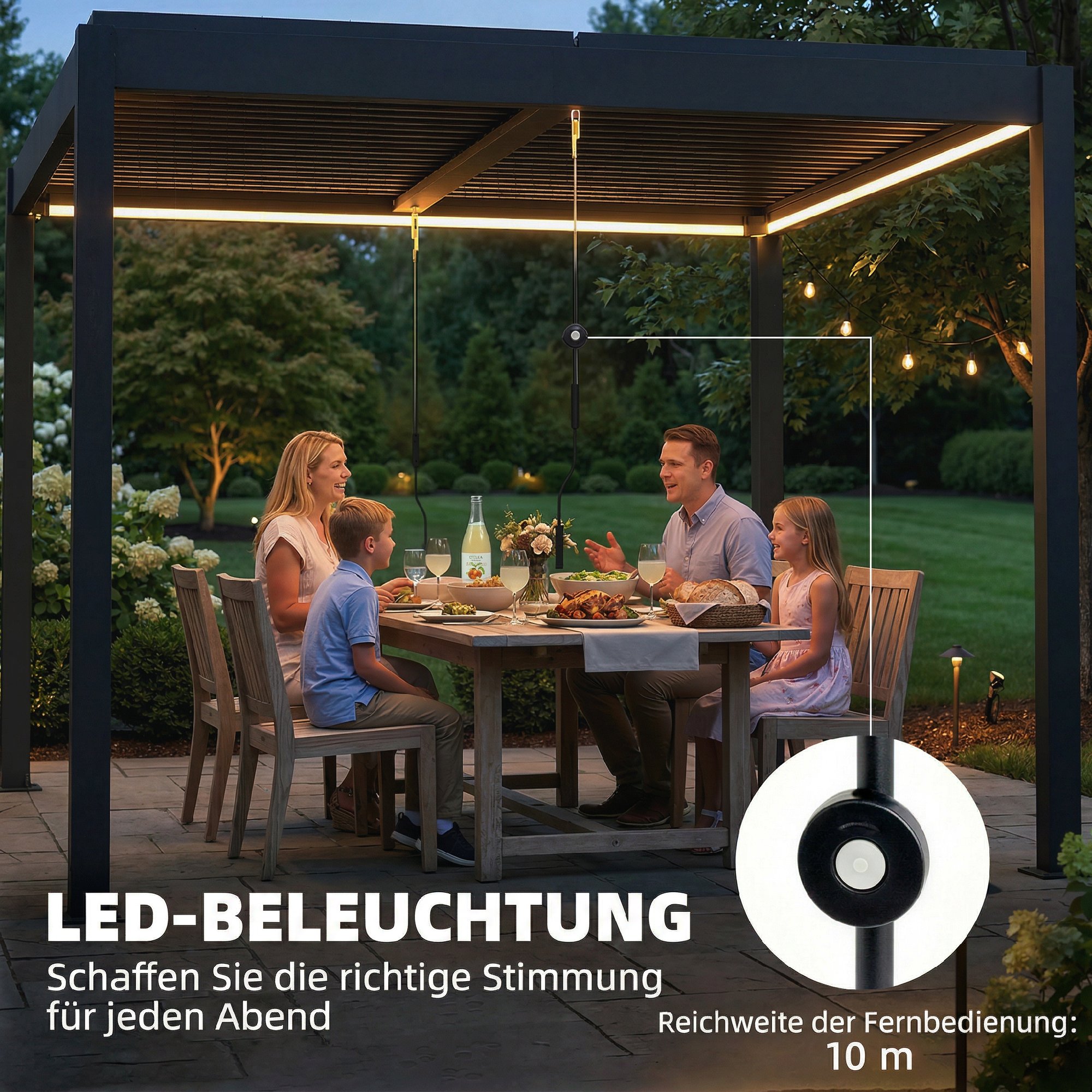 Pergola 3x3 m Aluminium Terrassenüberdachung mit LED-Beleuchtung Fernbedienung verstellbar Lamellendach