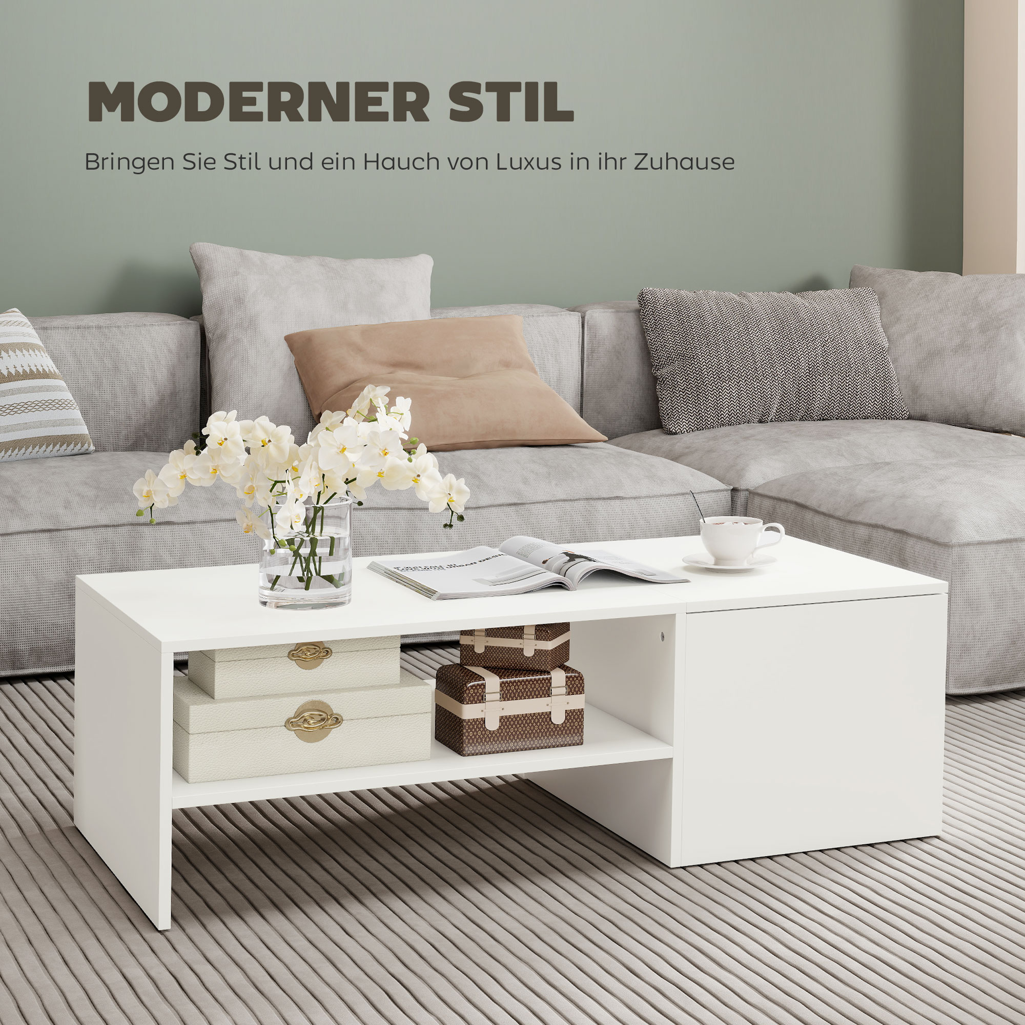 Verstellbarer Couchtisch, Metallschienen, Spanplatte, Fußpads, Weiß