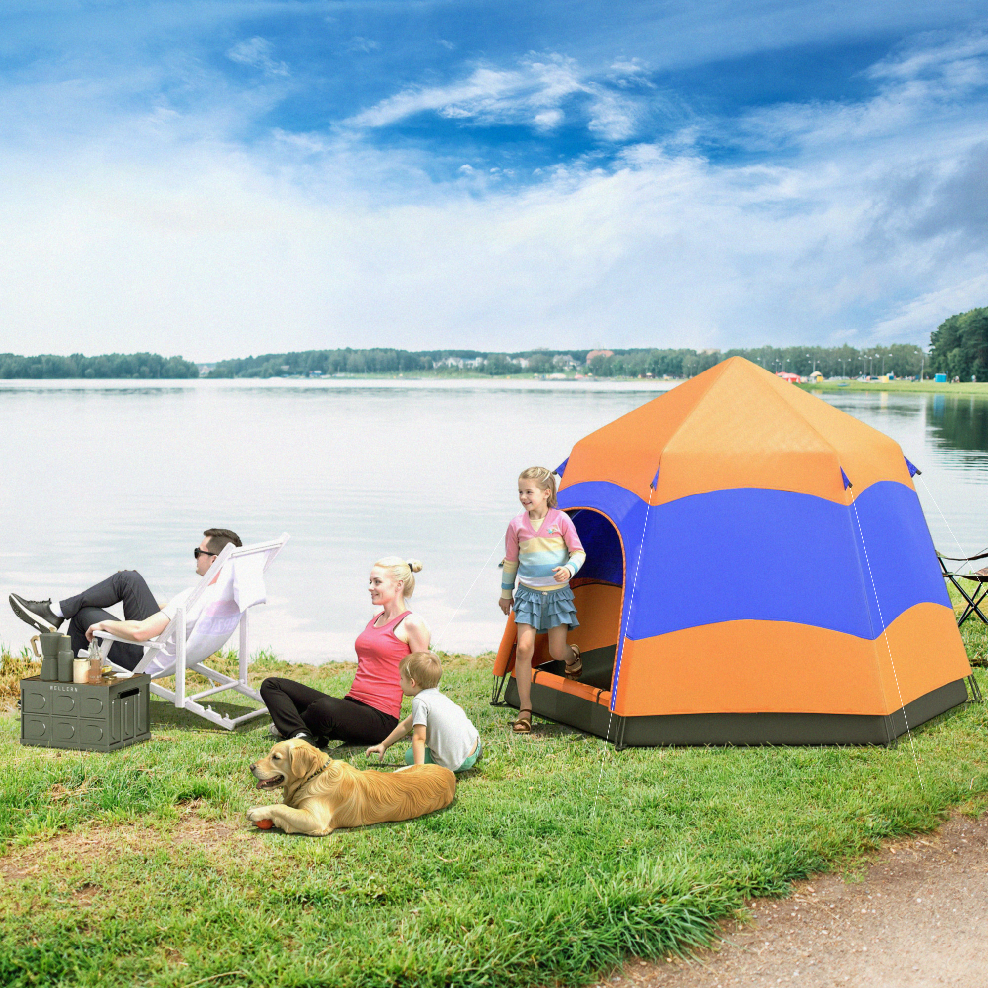 Doppellagiges Instant-Pop-Up-Zelt mit Regenschutz, Outdoor Familienzelt für 4 Personen wasserdicht sechseckig 4 Jahreszeiten Kuppelzelt mit Bodenplane 2 Türen Moskitonetz Tragetasche Orange