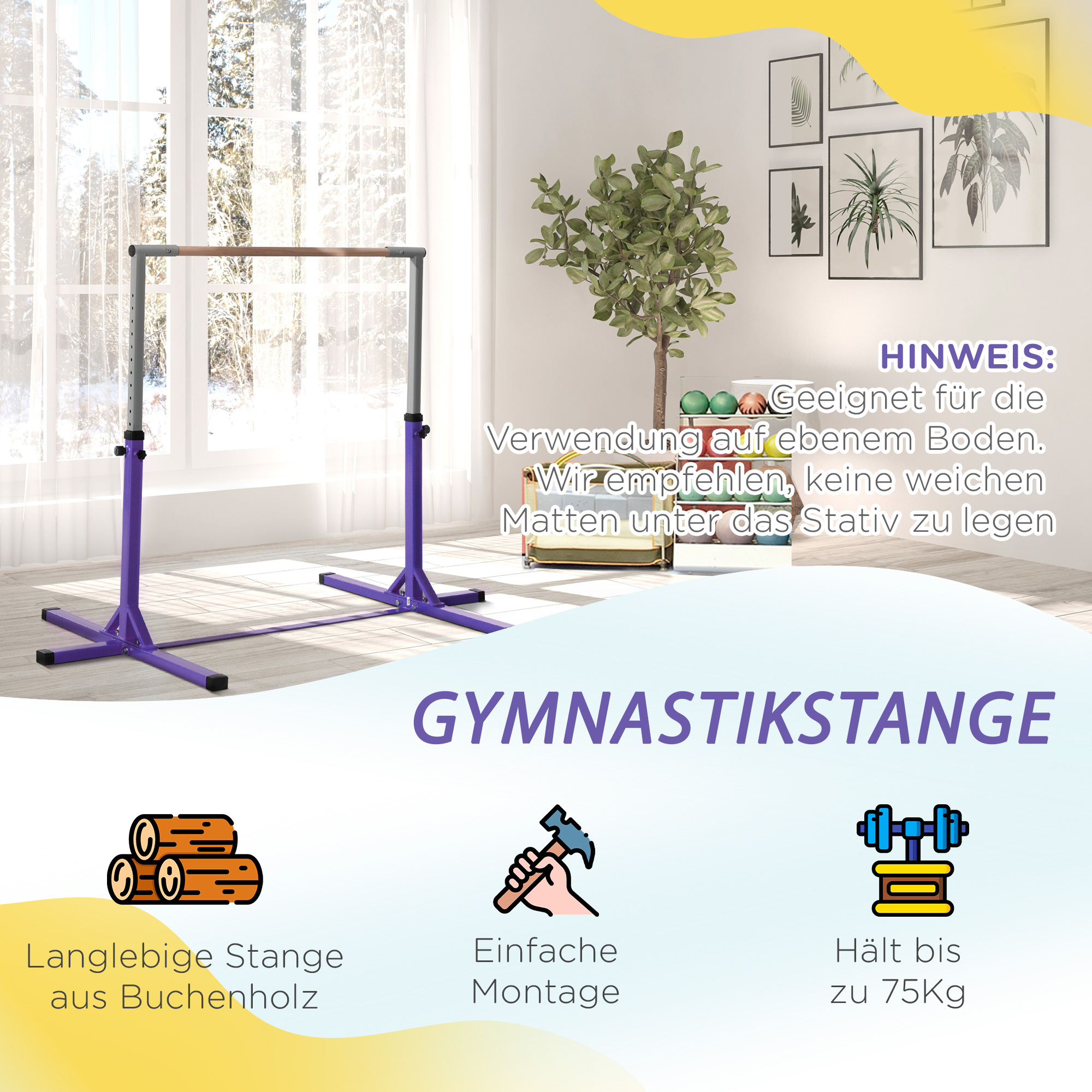 Gymnastik-Turnreck, Reckstange, 13-stufig höhenverstellbar, bis 75 kg belastbar, Stahl, Buchenholz, Lila