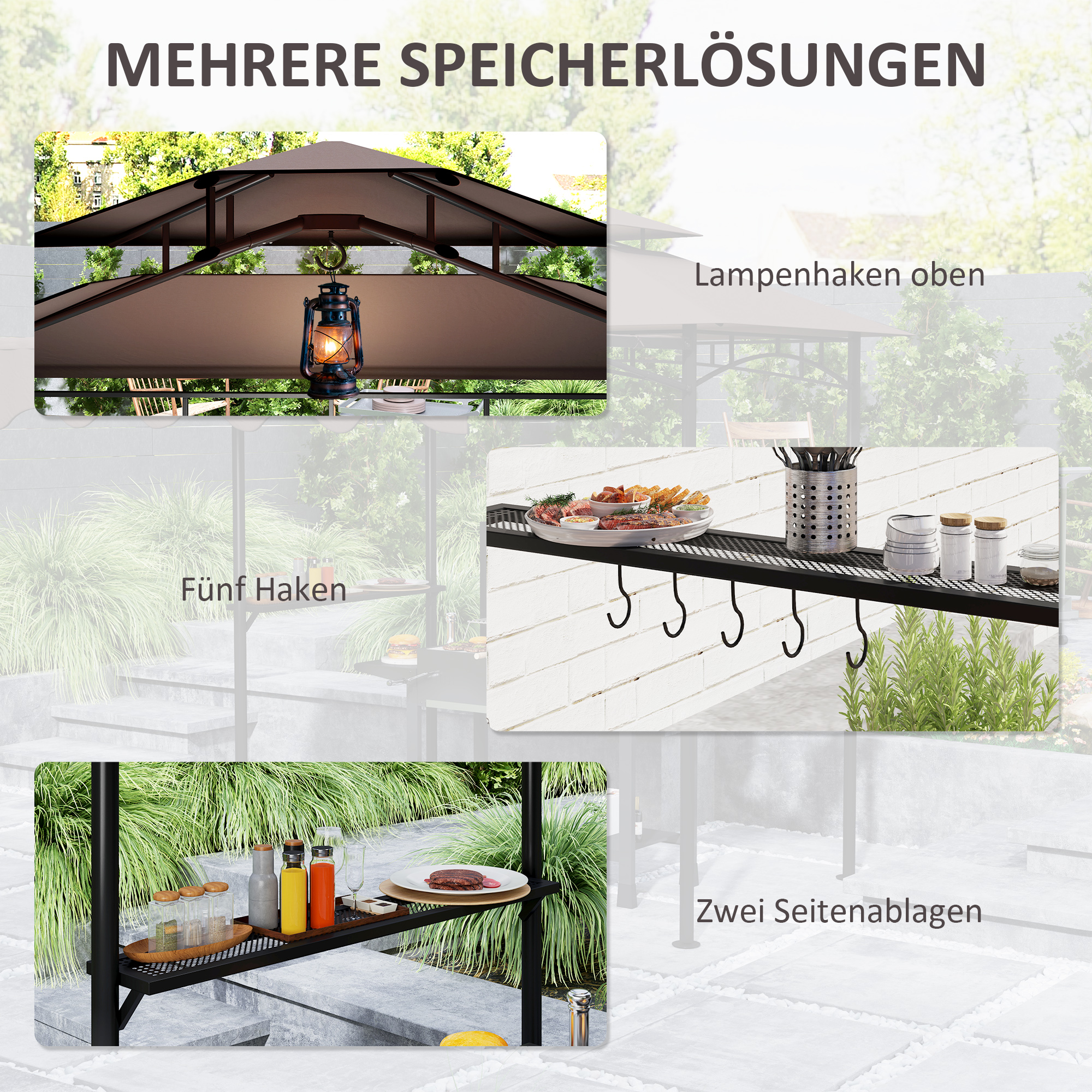 Grillpavillon 242x232x248 cm wasserabweisend flammhemmend Gartenpavillon mit Doppelschichtdach Kaffee