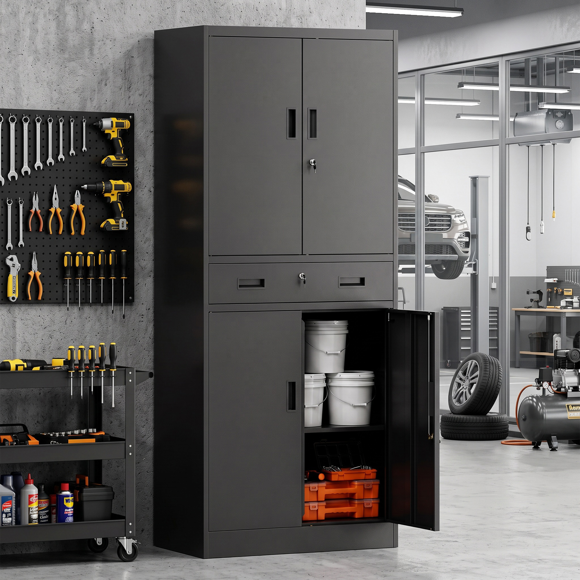 Metallschrank 180 cm, Werkzeugschrank mit abschließbaren Türen, Schublade und verstellbaren Böden, Schwarz