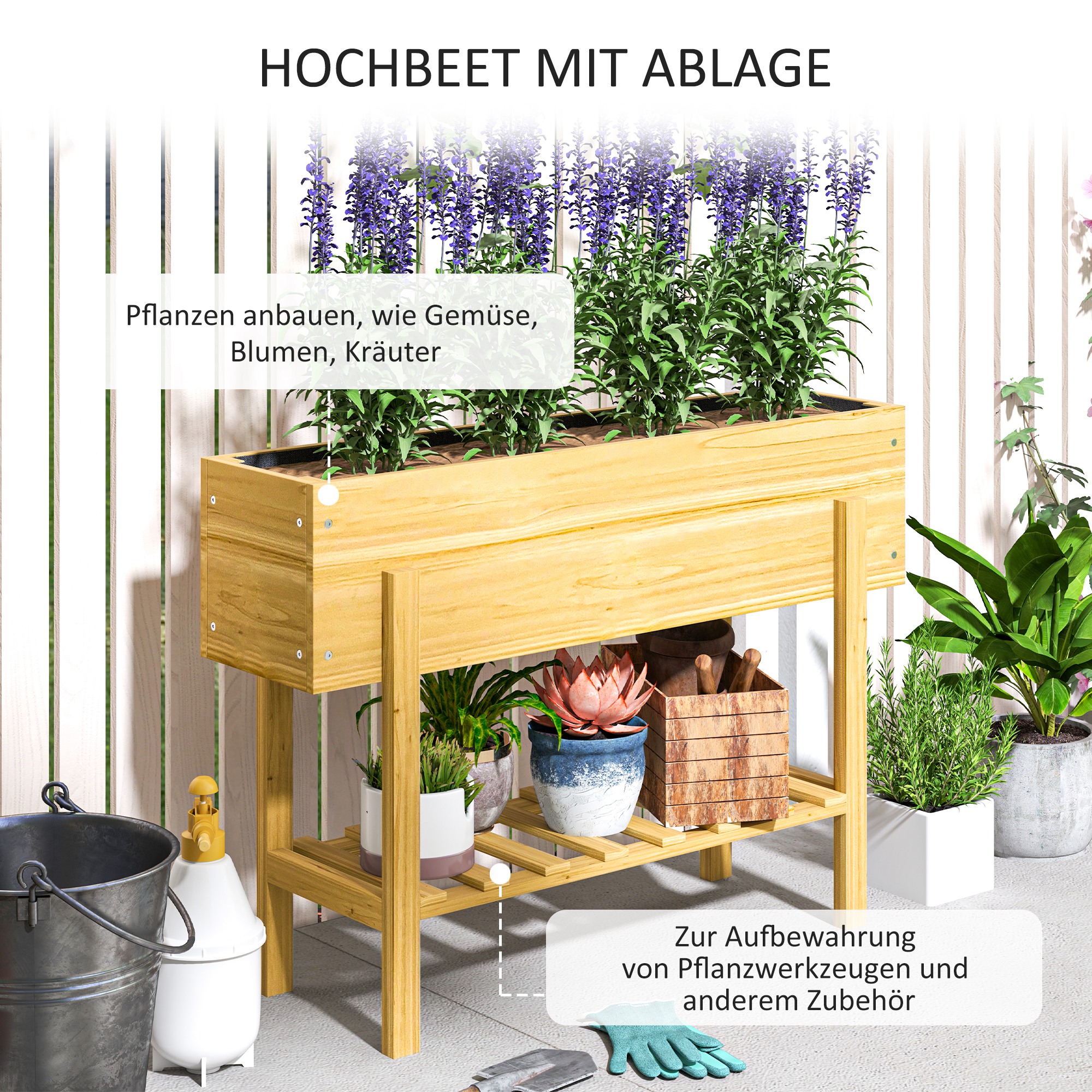 Blumenkasten mit unterem Regal, Holzbeet mit Vlies-Auskleidung und Entwässerungslöchern, 100 x 30 x 70,5 cm, Naturholz