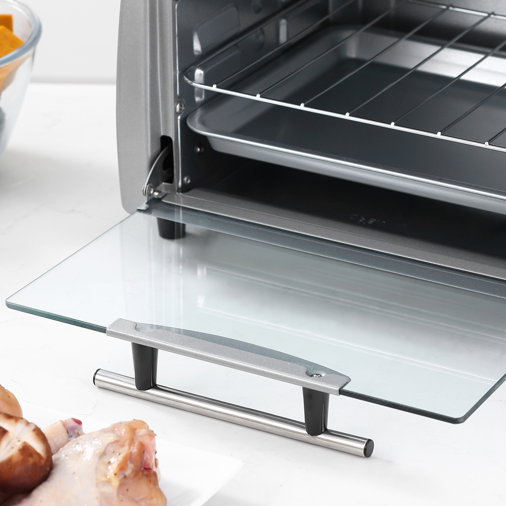 Mini Backofen 10 L 750W 100-230℃ 60 Min. Timer mit Backblech, Grillrost und Herausnehmbarer Bodenschale, Pizza-Ofen Silber