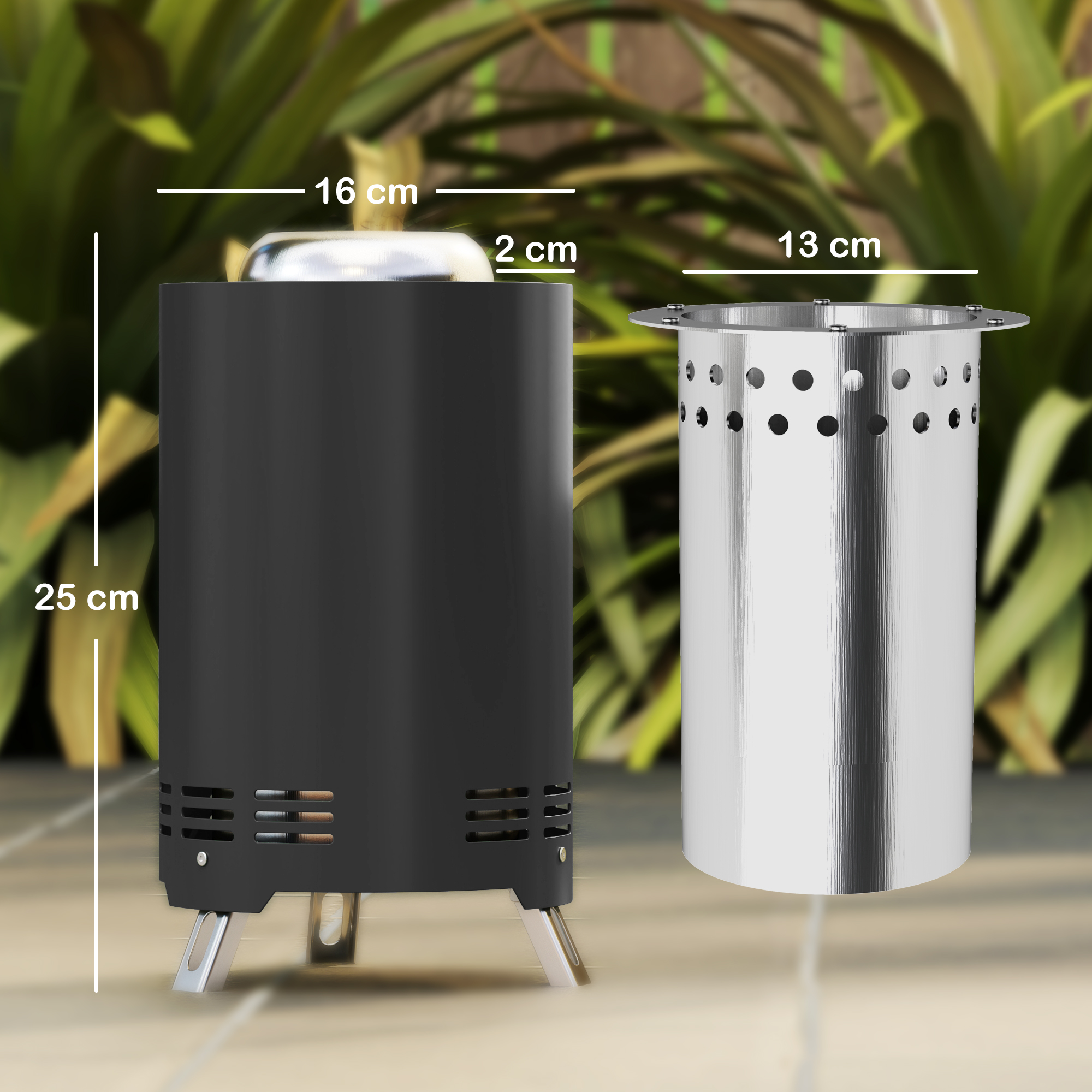 Feuerschale Ø16x25cm aus Edelstahl Feuerstelle mit Schürhaken Rauchfreie Feuerschalen Grau