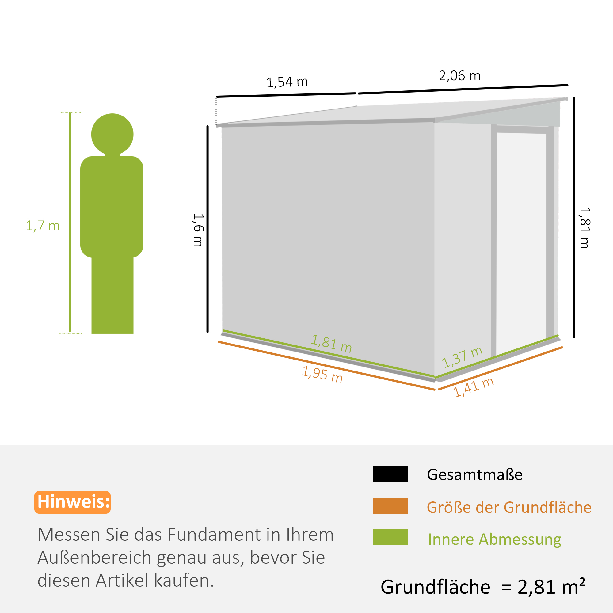 Metall Gerätehaus 2,81m² 154x206,5x181 cm Geräteschuppen mit Pultdach Fundament