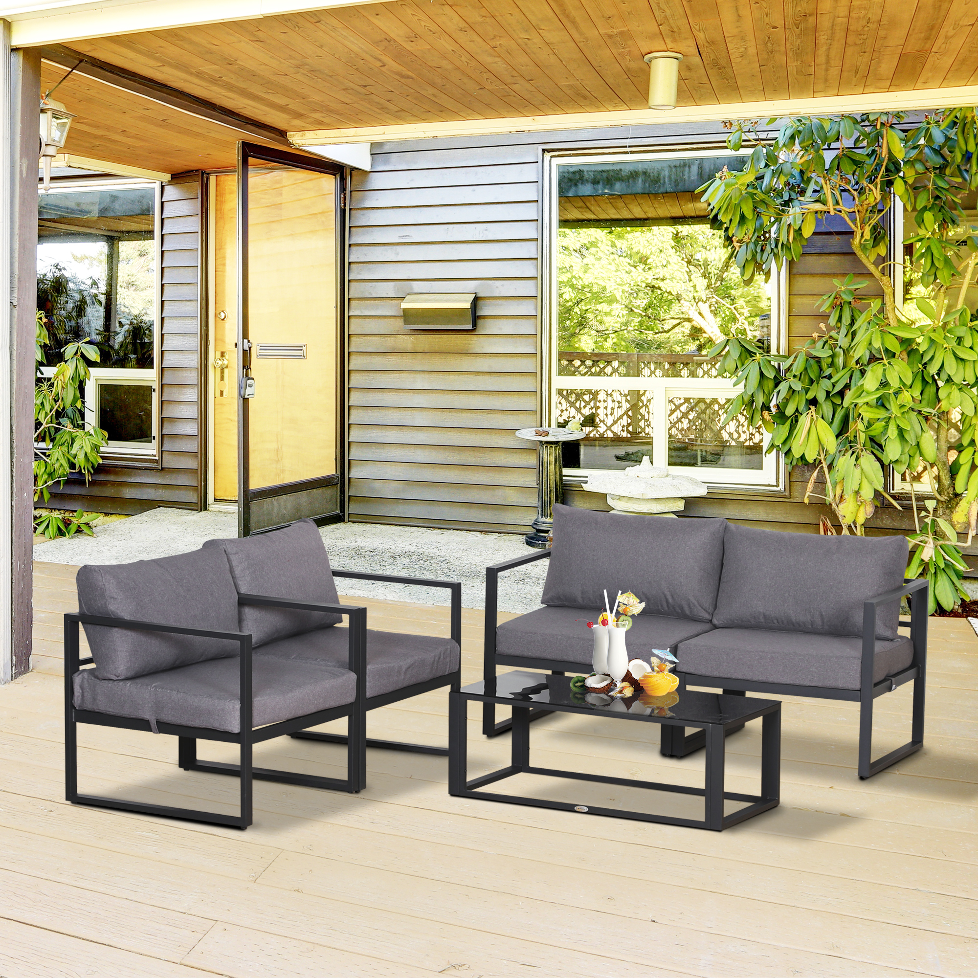 Vierteiliges Gartenmöbel Set, Sitzgruppe, Sofa mit Sitzkissen, Tisch mit Stauraum, Polyester, Grau, 138 x 69 x 63 cm