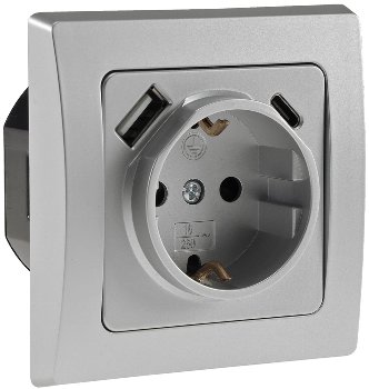 DELPHI Schutzkontakt-Steckdose, silber - 230V~/ 16A, Unterputz, USB-C / PD DELPHI Schutzkontakt-Steckdose, silber - 230V~/ 16A, Unterputz, USB-C / PD