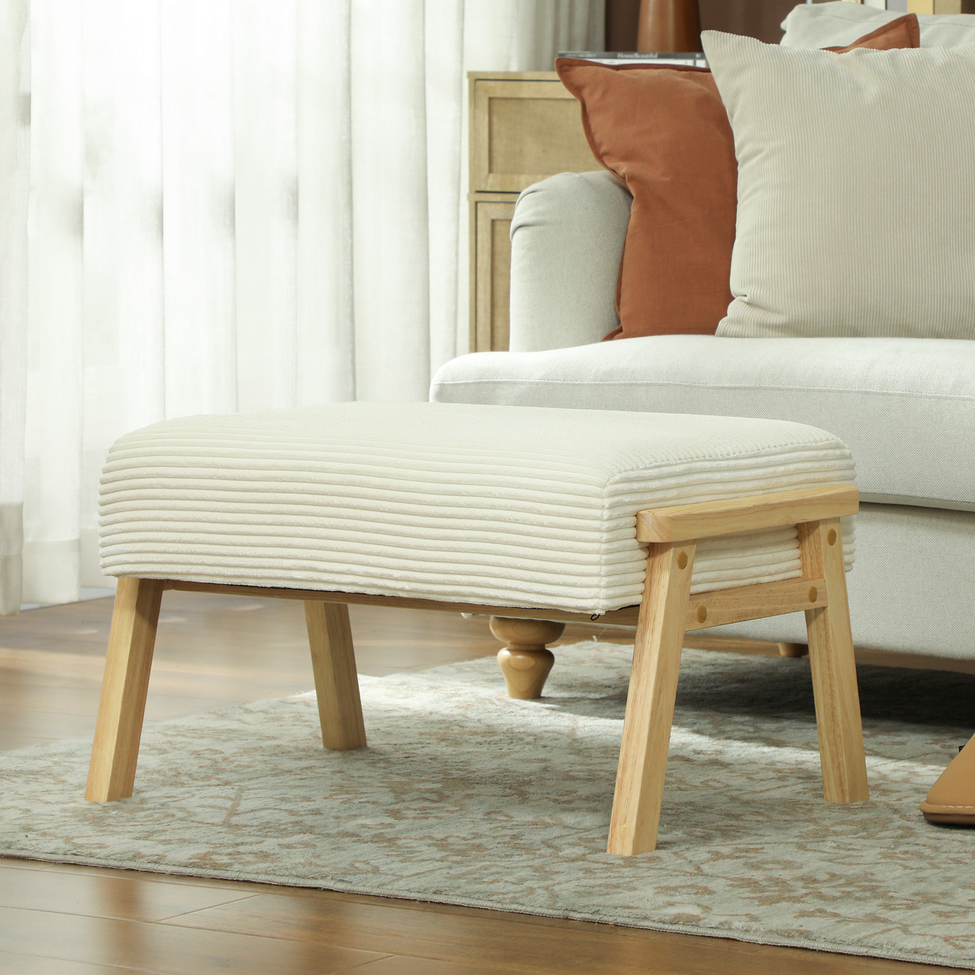 Sitzhocker Hocker mit weichem Sitzkissen Holzbeinen Fußhocker mit Cordoptik Cremeweiß