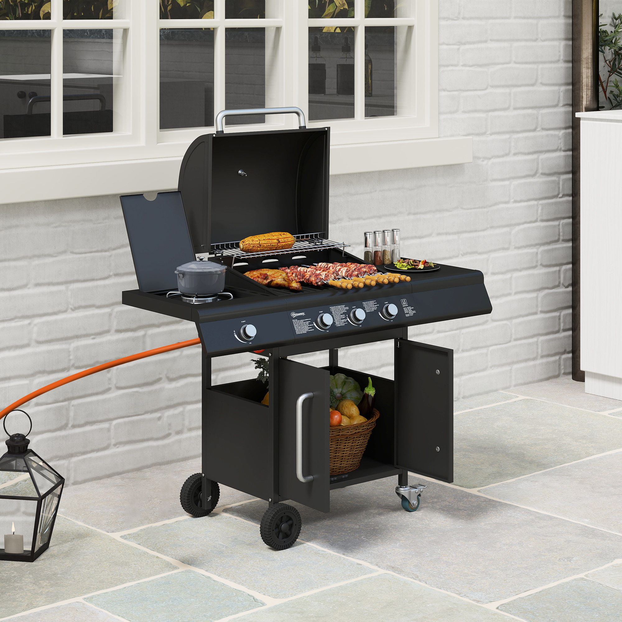 fahrbarer Gasgrill mit Stauraum, Seitentisch, Seitenbrenner, Warmhalterost, Thermometer, Edelstahl, Schwarz