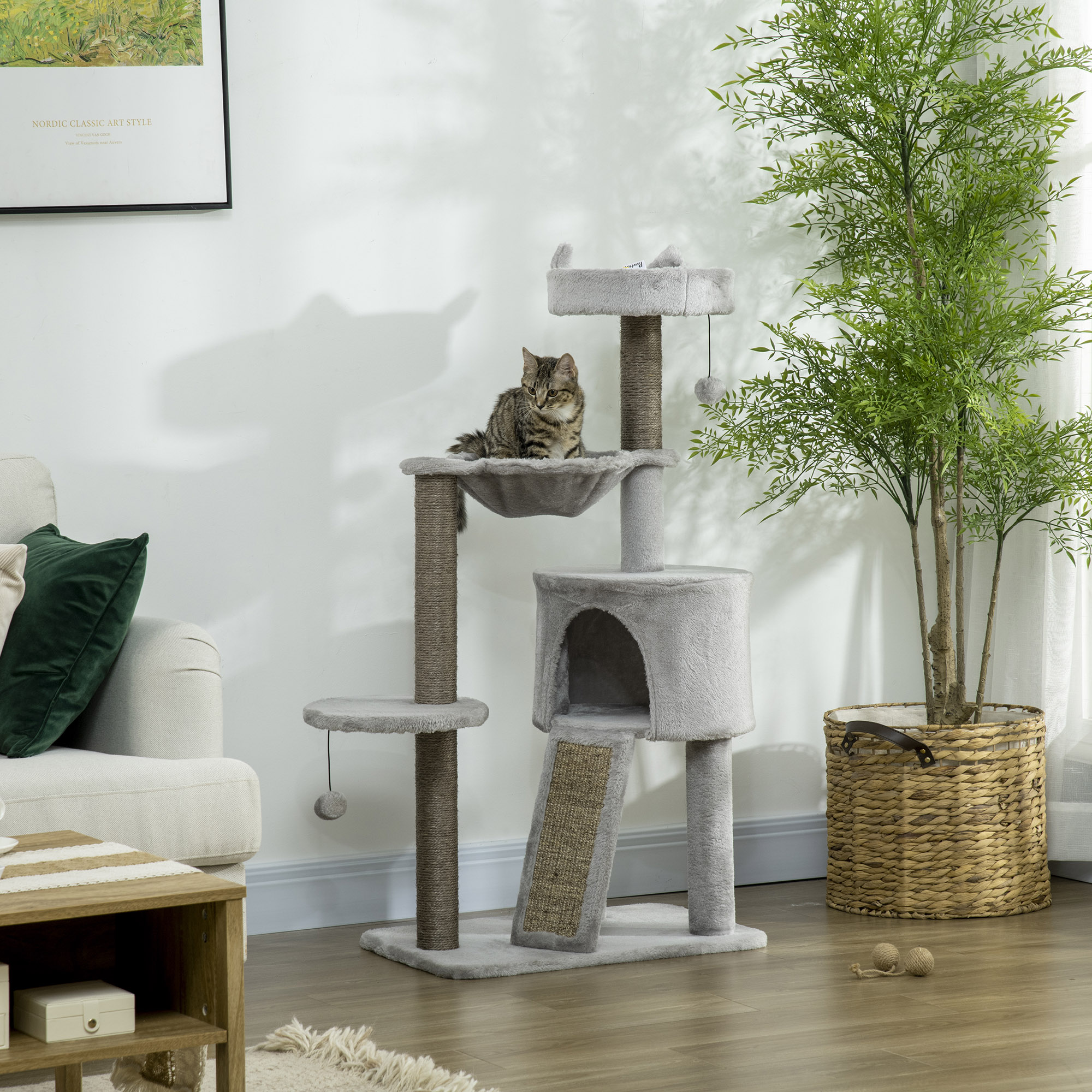 Kratzbaum inkl. Katzenhöhle, Katzenbett, Katzenhängematte und Spielzeug 60 cm x 40 cm x 113 cm, Hellgrau