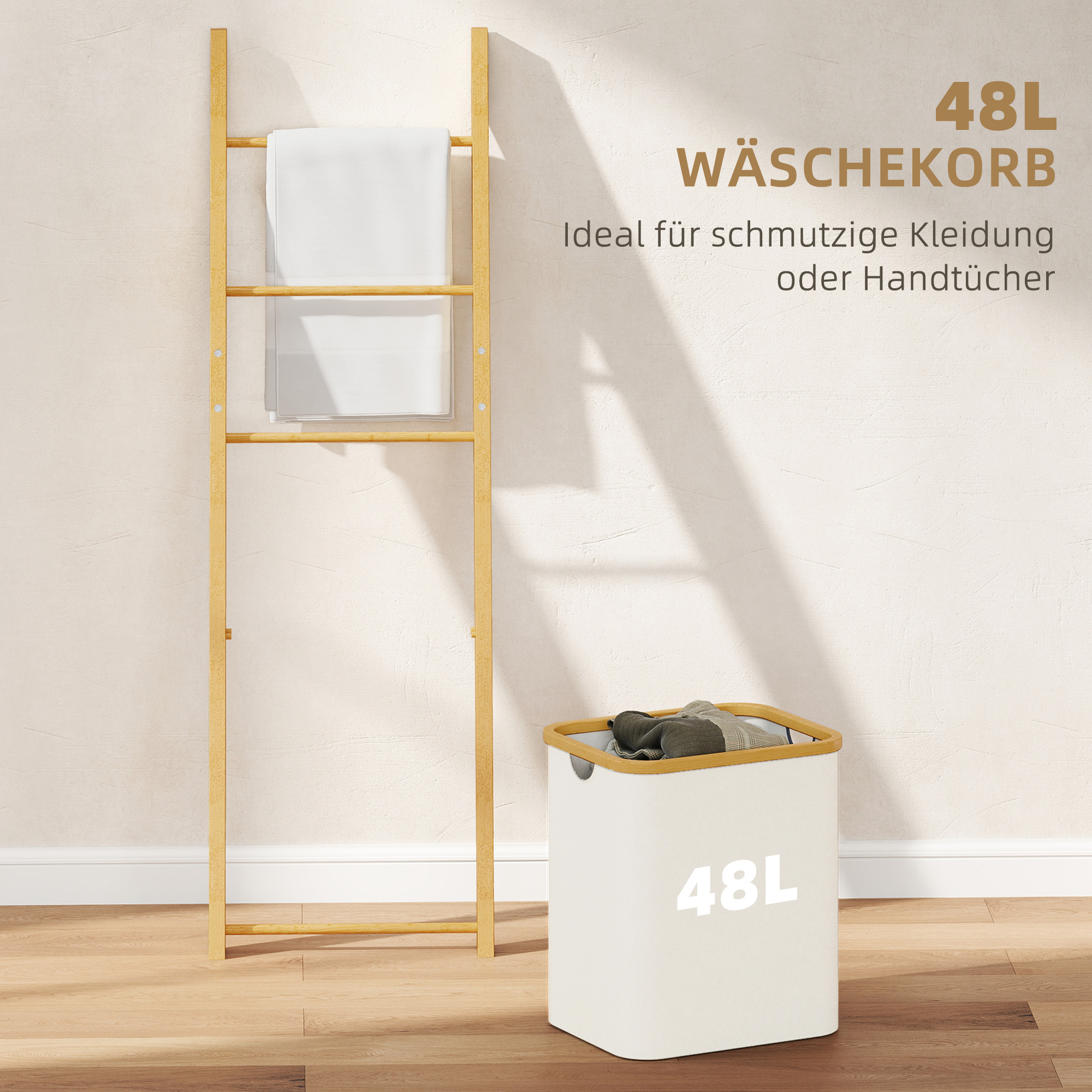 Badregal, 2-in-1 Badezimmerregal mit 3 Stangen, abnehmbarer 48L-Wäschekorb, Bambus, 43 x 35 x 133 cm, Cremeweiß