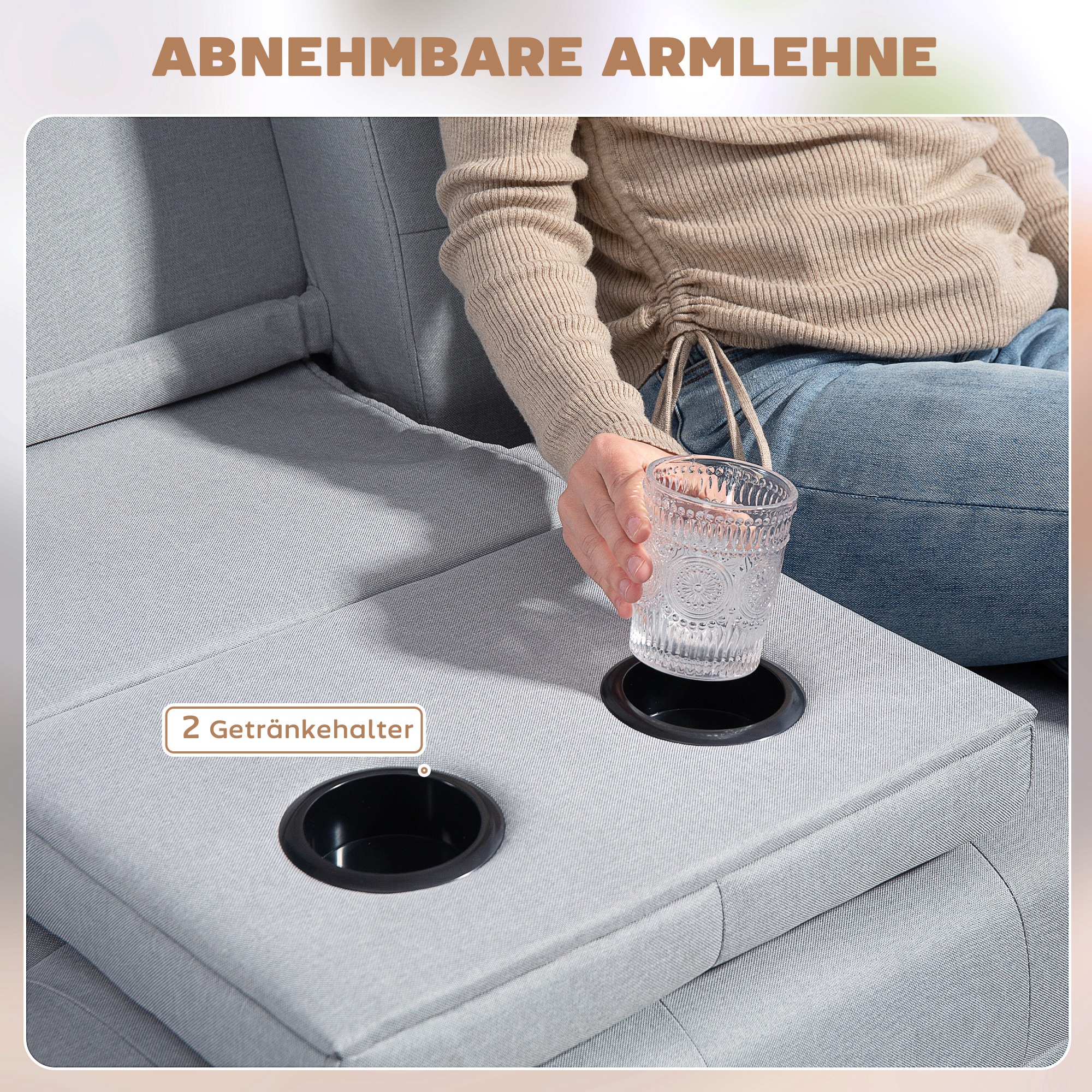 Schlafsofa, 3-Sitzer Sofa, Schlafcouch mit Klappbarem Tisch, Becherhalter, Bettsofa mit Leinenoptik, Couch Gästebet für Wohnzimmer, Hellgrau