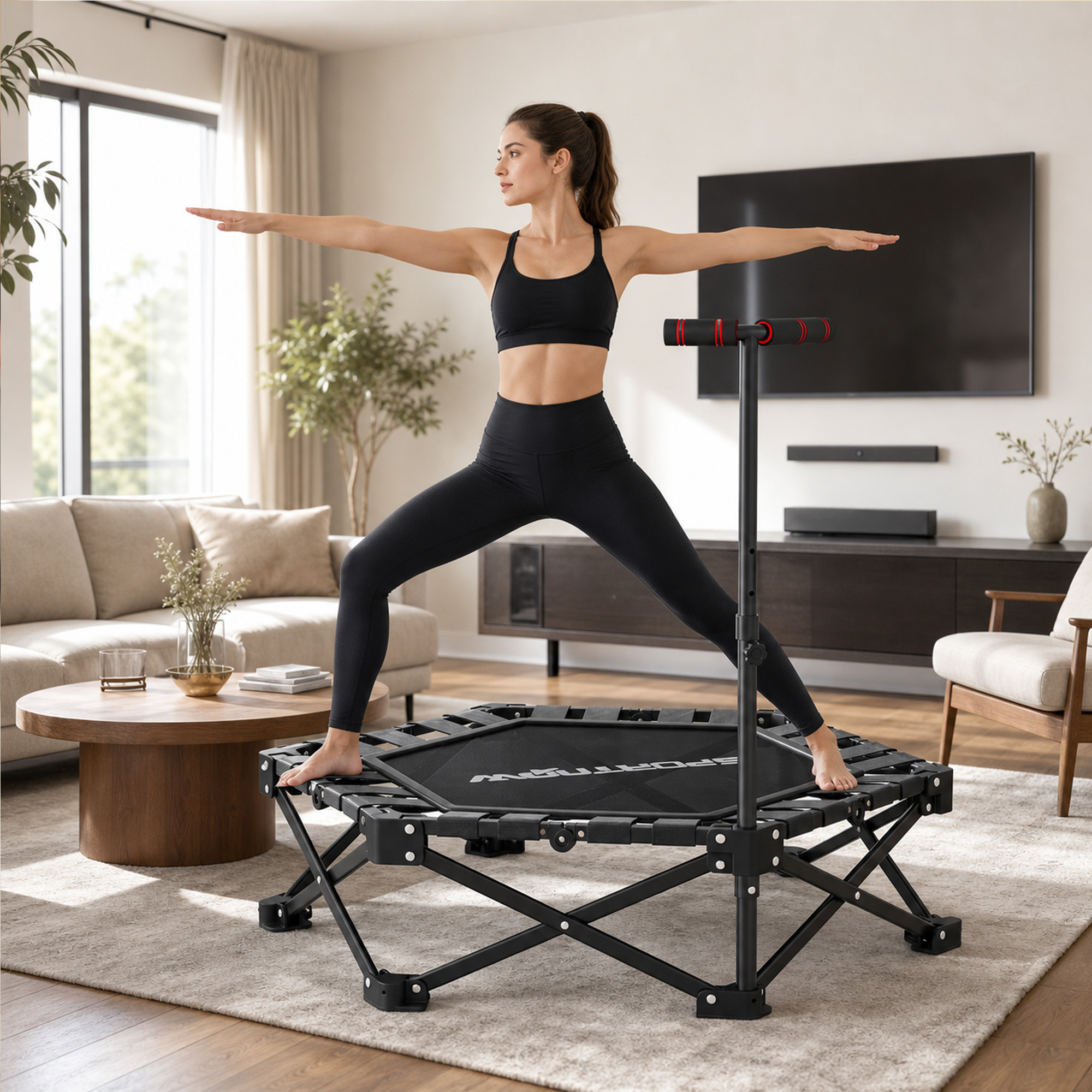 Fitness-Trampolin mit verstellbarem T-Griff, faltbar, Tragetasche, 120 kg Belastbarkeit, Stahl, Kunststoff, Schwarz