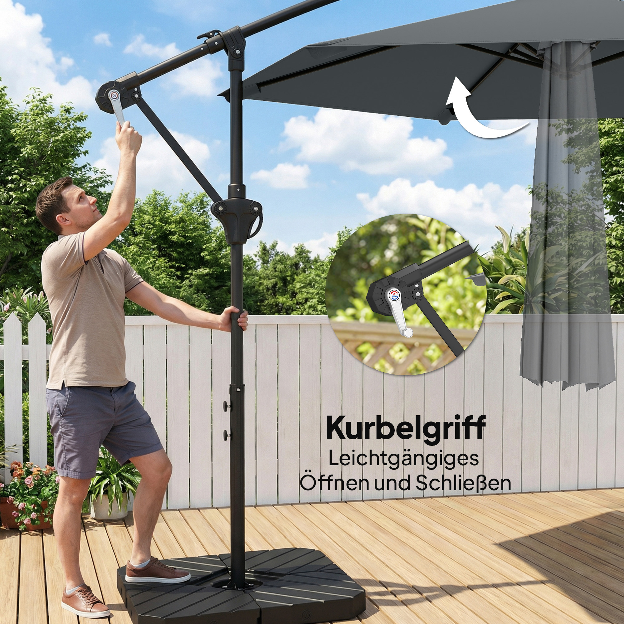 Ampelschirm ca. Ø300 cm Sonnenschirm mit Verriegelungsmechanismus Kurbel Ständer Gewichten Dunkelgrau