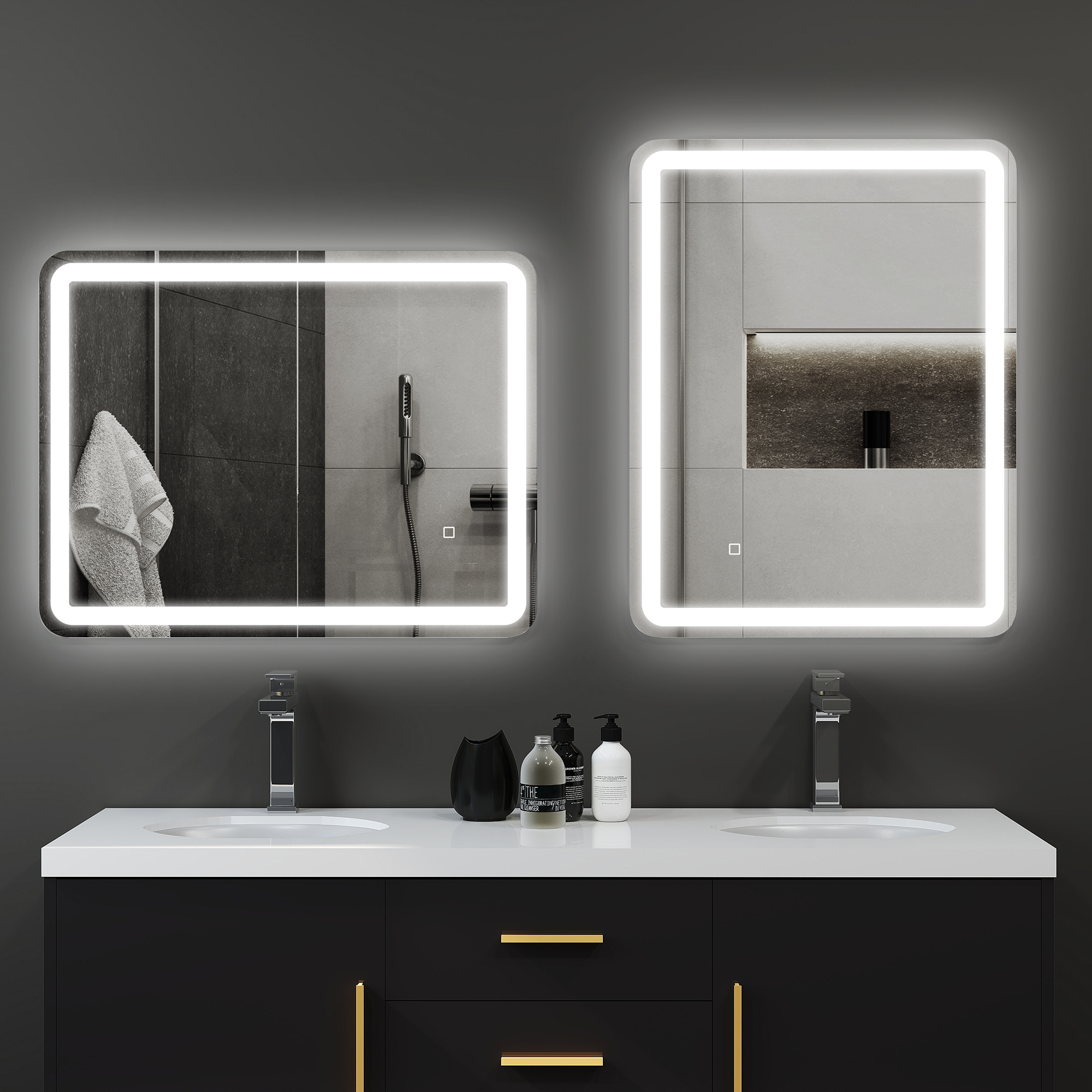 Badezimmerspiegel, beleuchtet, Touch-Steuerung, beschlagfrei, dimmbar, 3 Lichtfarben, 70x90, Silber