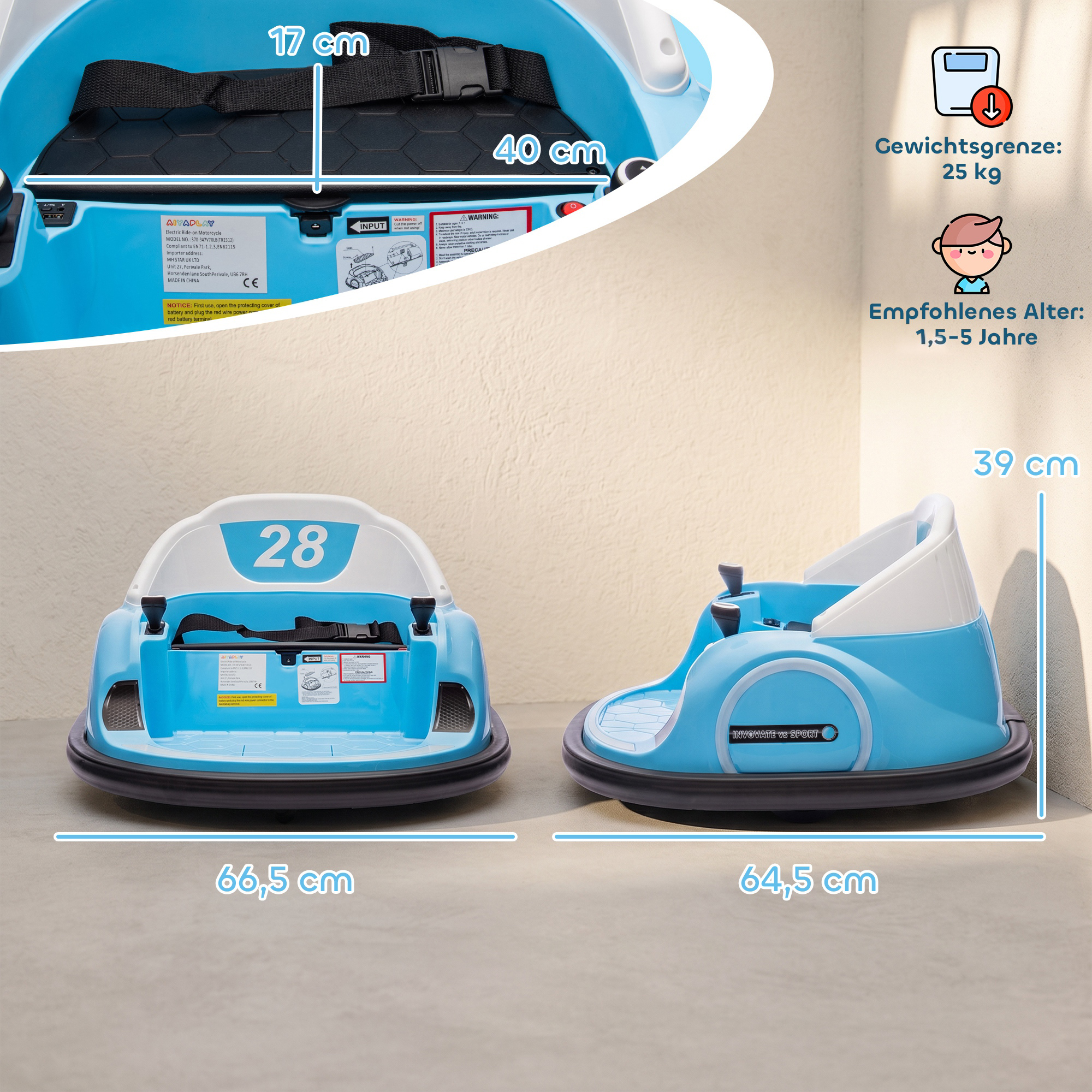 Autoscooter, 360° Rotation, 2 km/h Geschwindigkeit, Sicherheitsgurt, LED-Lichter, Musik und Hupe, Blau