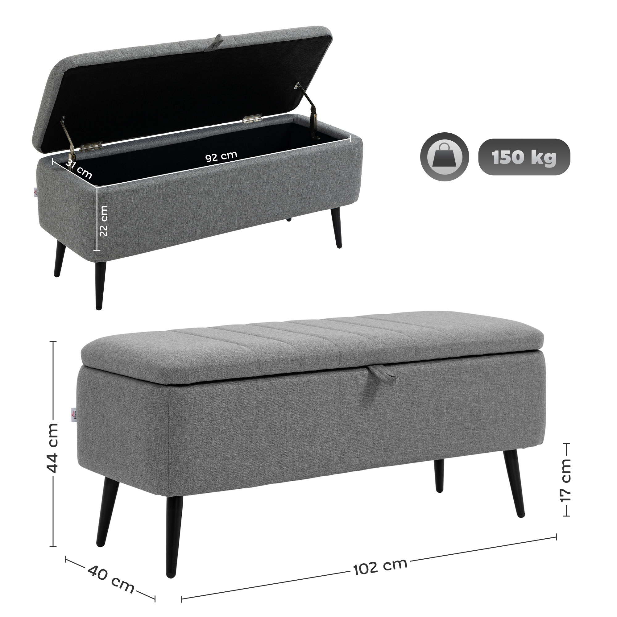 Sitzbank mit Stauraum Polsterbank mit Leinenoptik, Sitztruhe mit Stahlbeine 102 x 40 x 44 cm, Grau