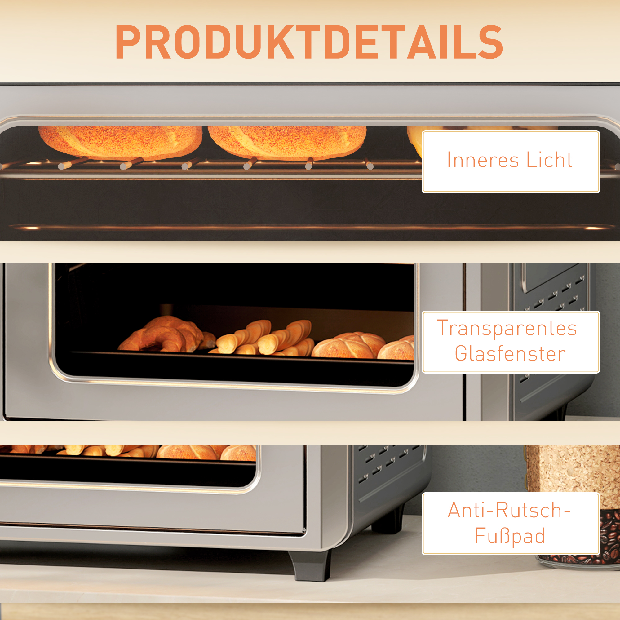 Minibackofen mit Umluft, Heißluftfritteuse, 6 Heizmodi, Timer, Zubehör, 24L, Silber