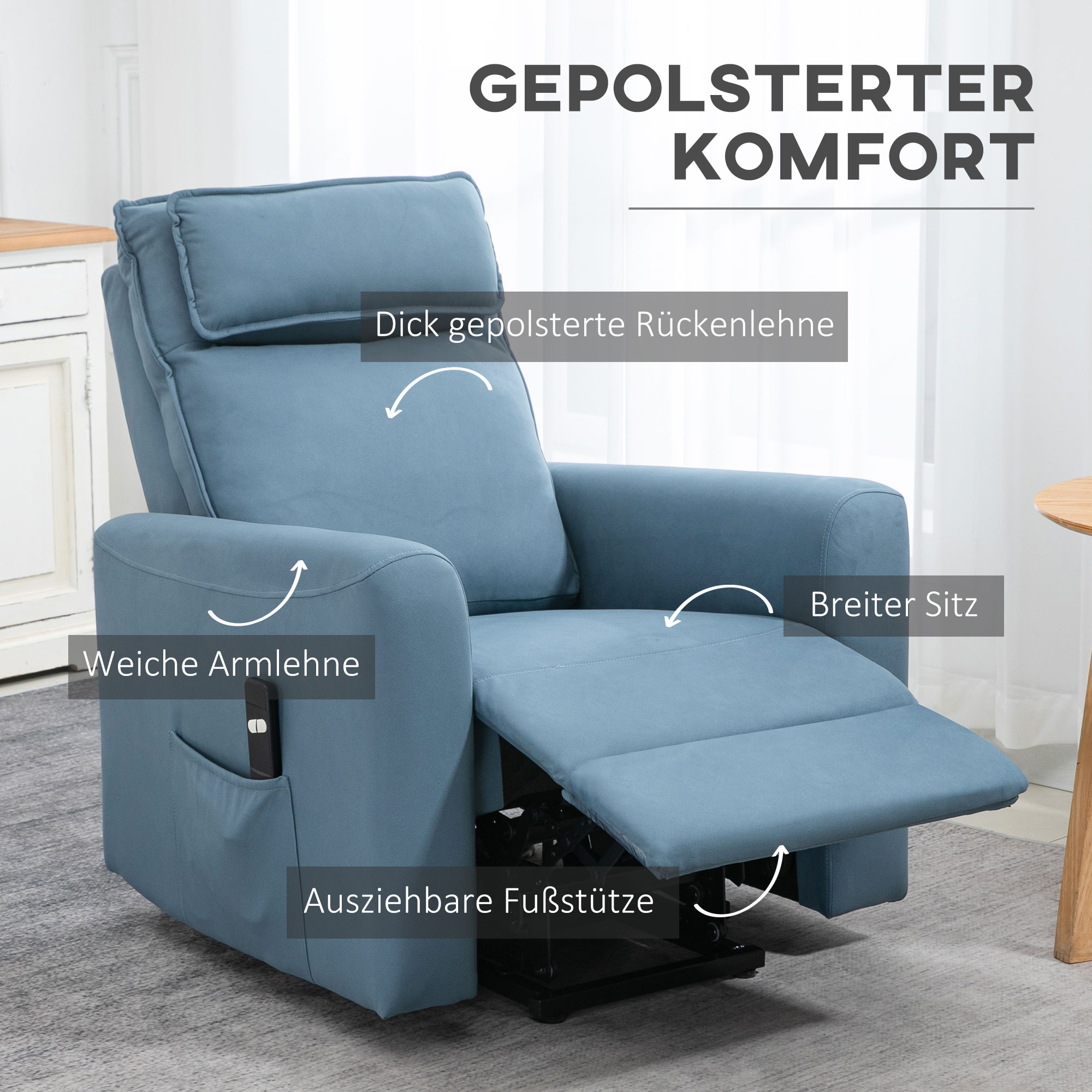 Aufstehhilfe Relaxsessel Fernsehsessel, integrierte Fußstütze, Seitentasche, Kabelfernbedienung, 84 x 89,5 x 105 cm,Blau