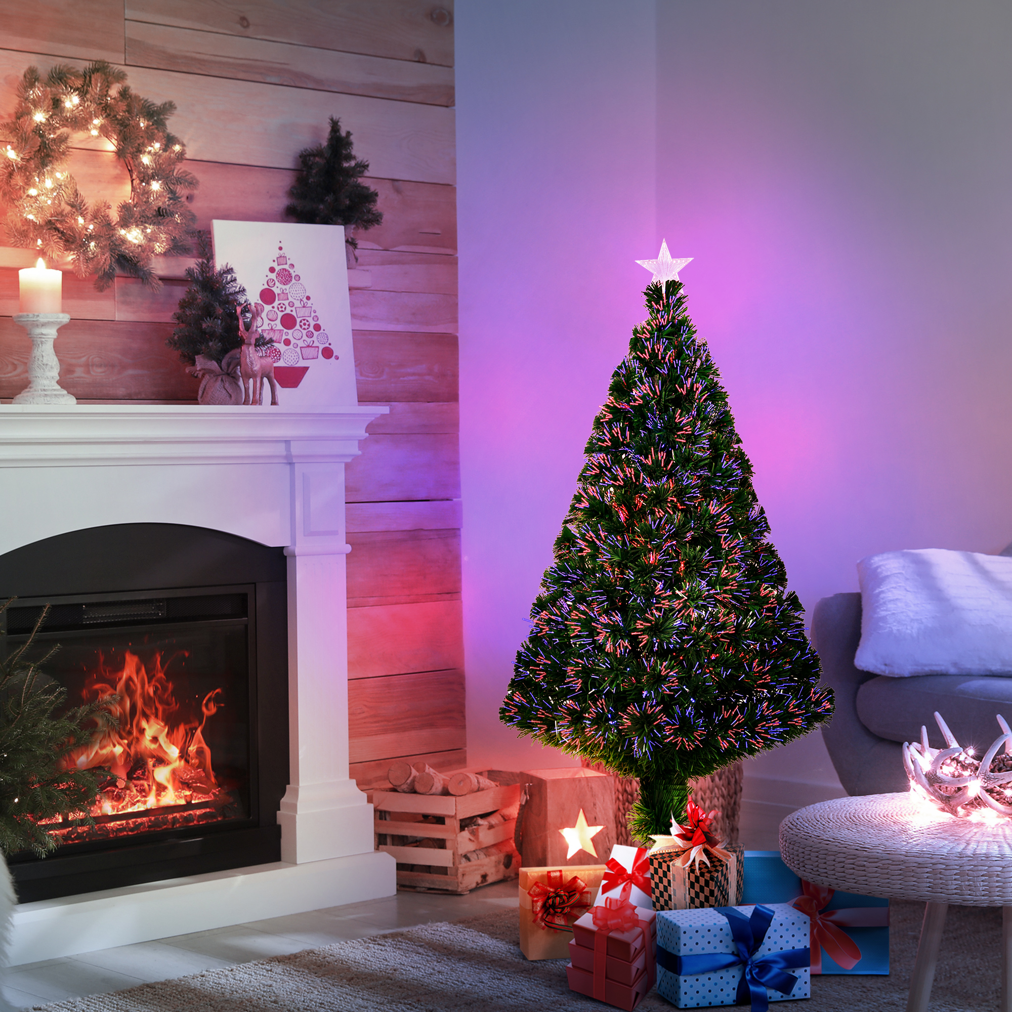 Weihnachtsbaum, Kunsttanne mit Weihnachtsschmuck, LED-Lichter, 60 x 60 x 120 cm, Grün