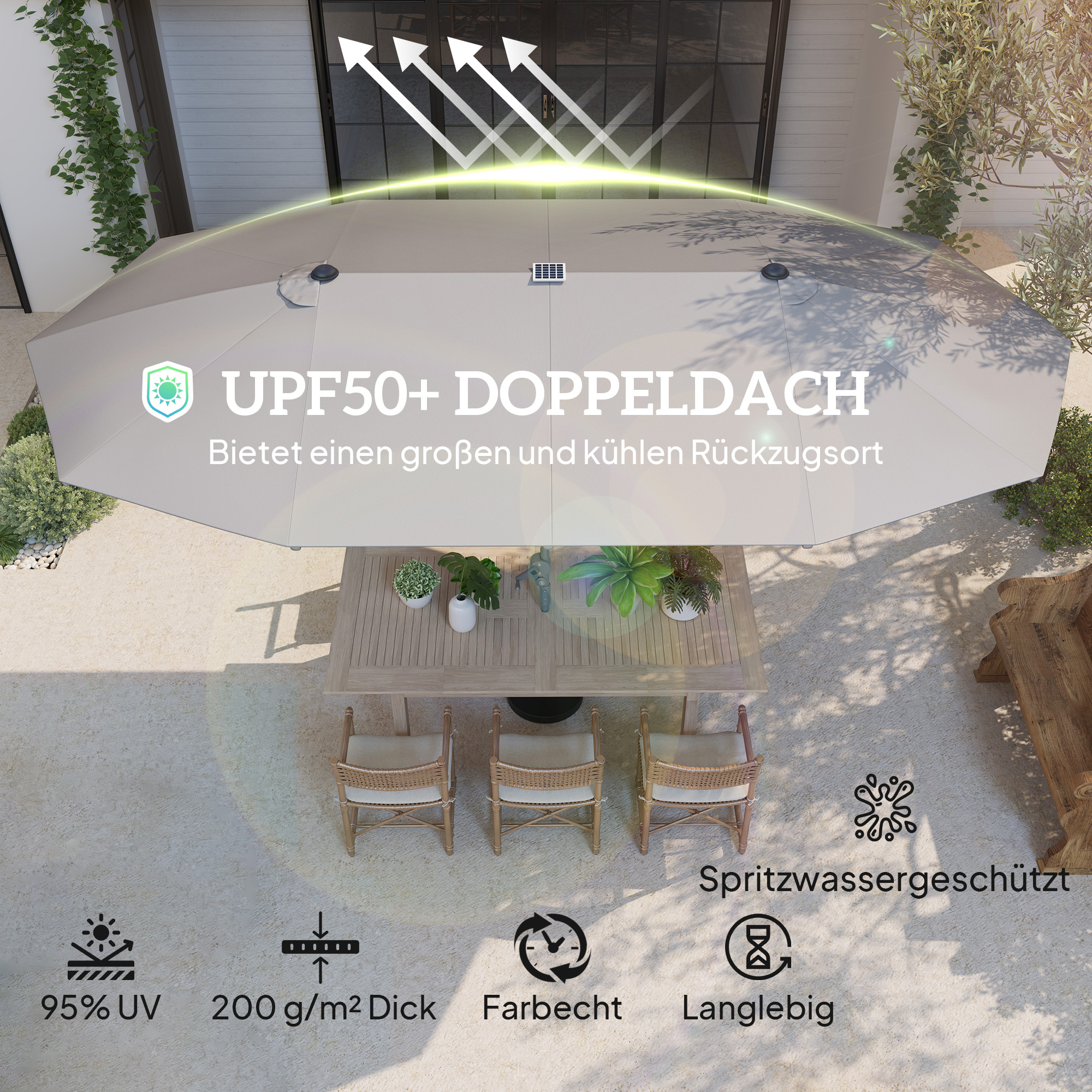 Doppelschirm mit Solar-Lichtern, Aluminium, Polyester, UPF50+ Schutz, UV-beständig, Terrassenschirm, Dunkelgrau
