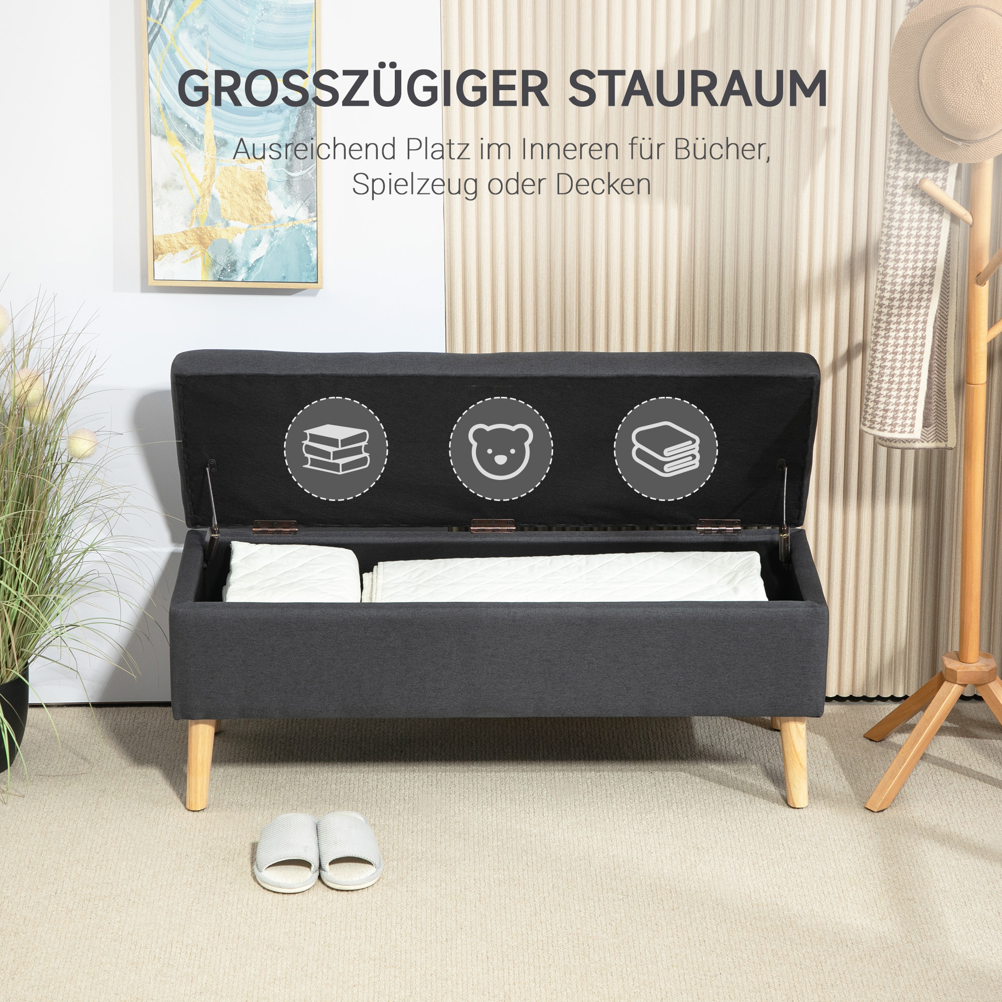 Polsterbank mit Stauraum, Bettbank in Leinenoptik, Kautschukholz, 110 x 39 x 45 cm, Dunkelgrau