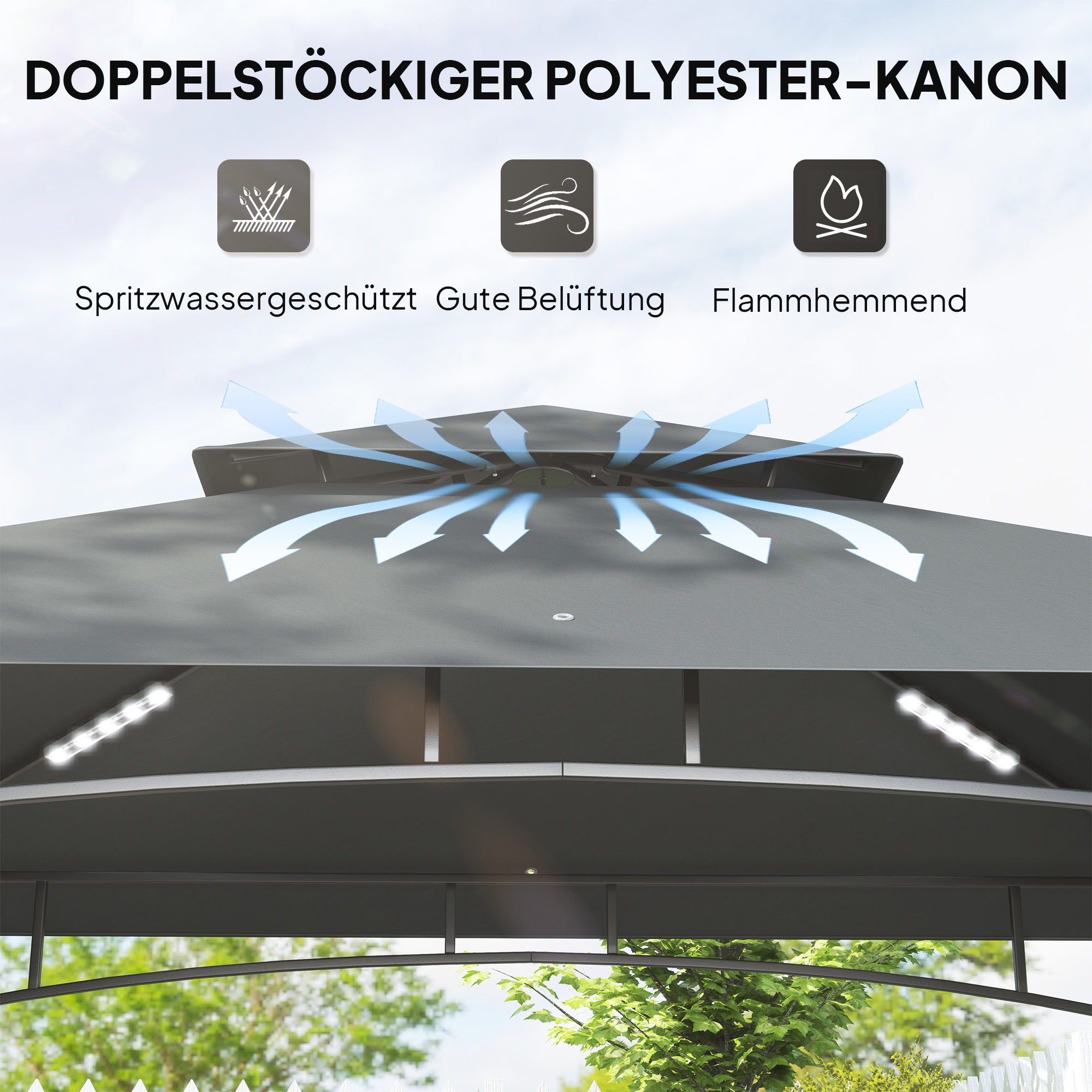 Grillpavillon mit LED 240 x 150 x 258 cm wasserabweisend flammhemmend Gartenpavillon mit Doppelschichtdach