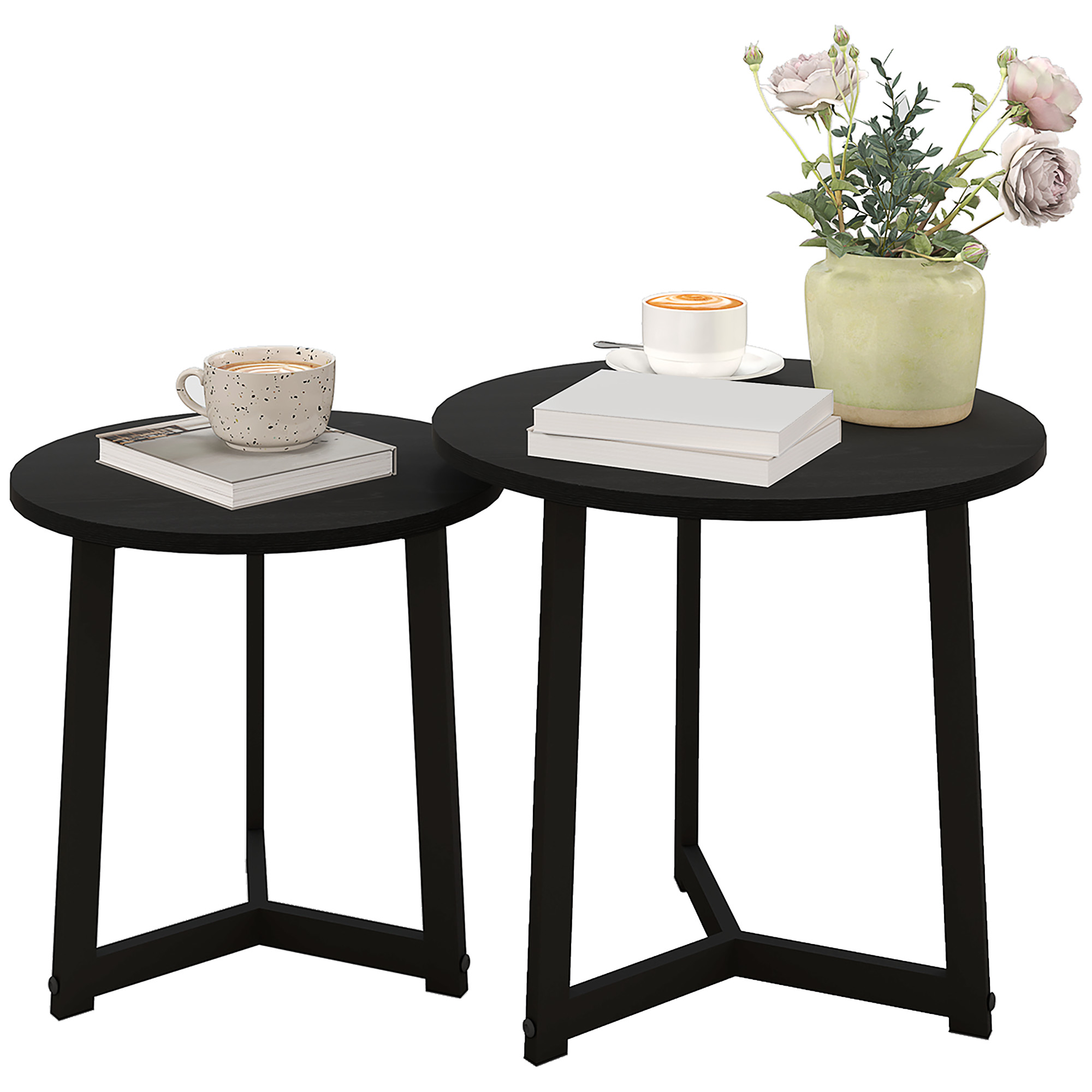 Moderner Couchtisch als 2er-Set, Metallrahmen, MDF, Rundes Design, ineinander verschiebbar, Schwarz