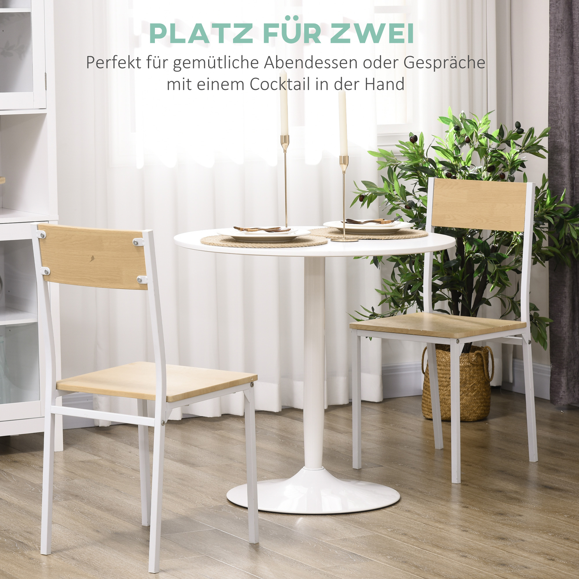 Esstisch für 2 Personen, runde Tischplatte, Stahlfuß, weiß, 70 x 70 x 75 cm