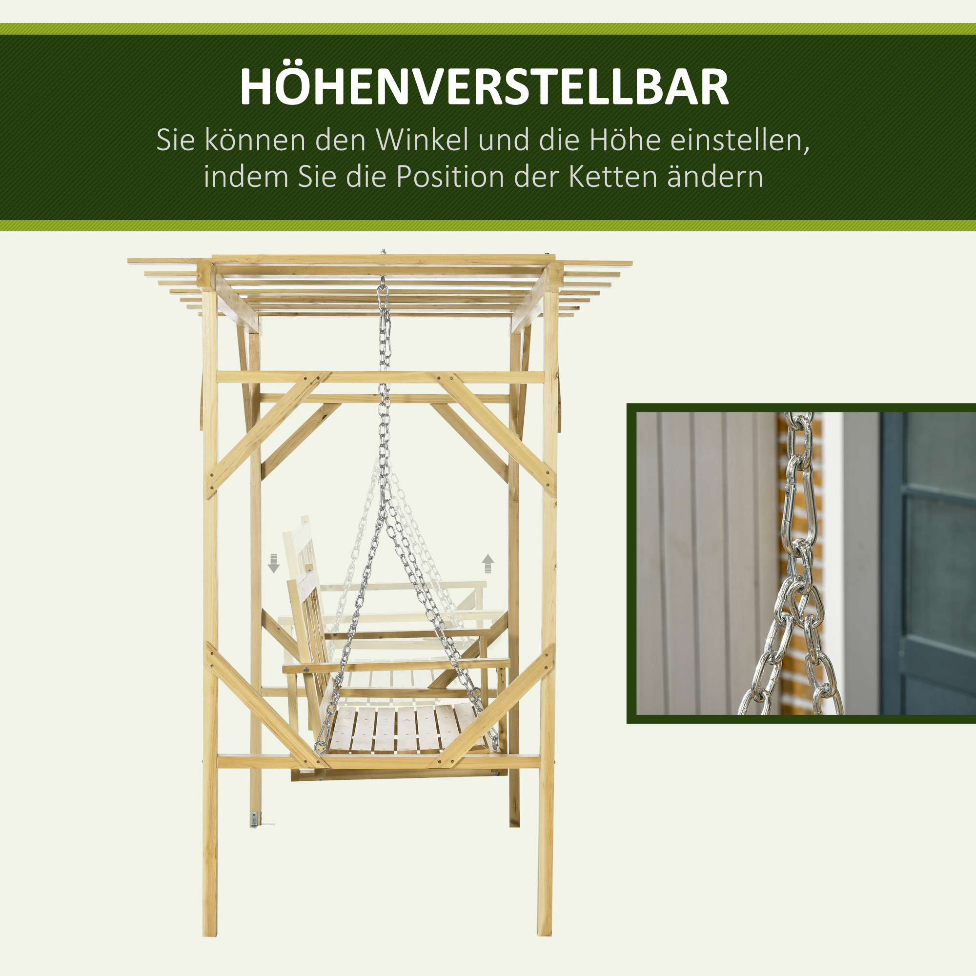Schaukelbank mit Pergola, für 2 Personen, höhenverstellbar, Massivholzrahmen, 2,21 x 1,40 x 1,96 m