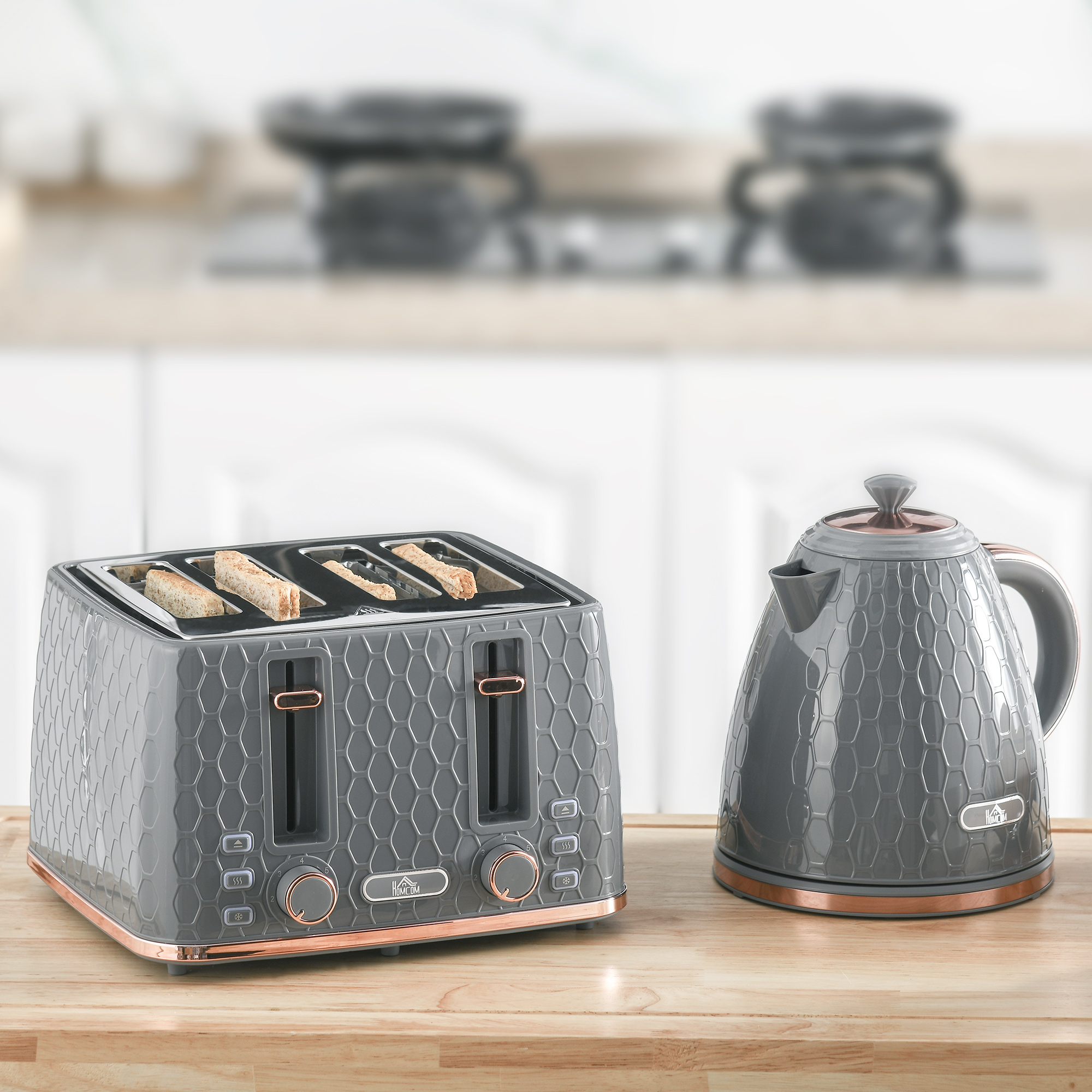 2-in-1 Küchenset, Toaster und Wasserkocher, mehrere Optionen, 1,7 L, 4 Toastscheiben gleichzeitig, Kunststoff, Grau