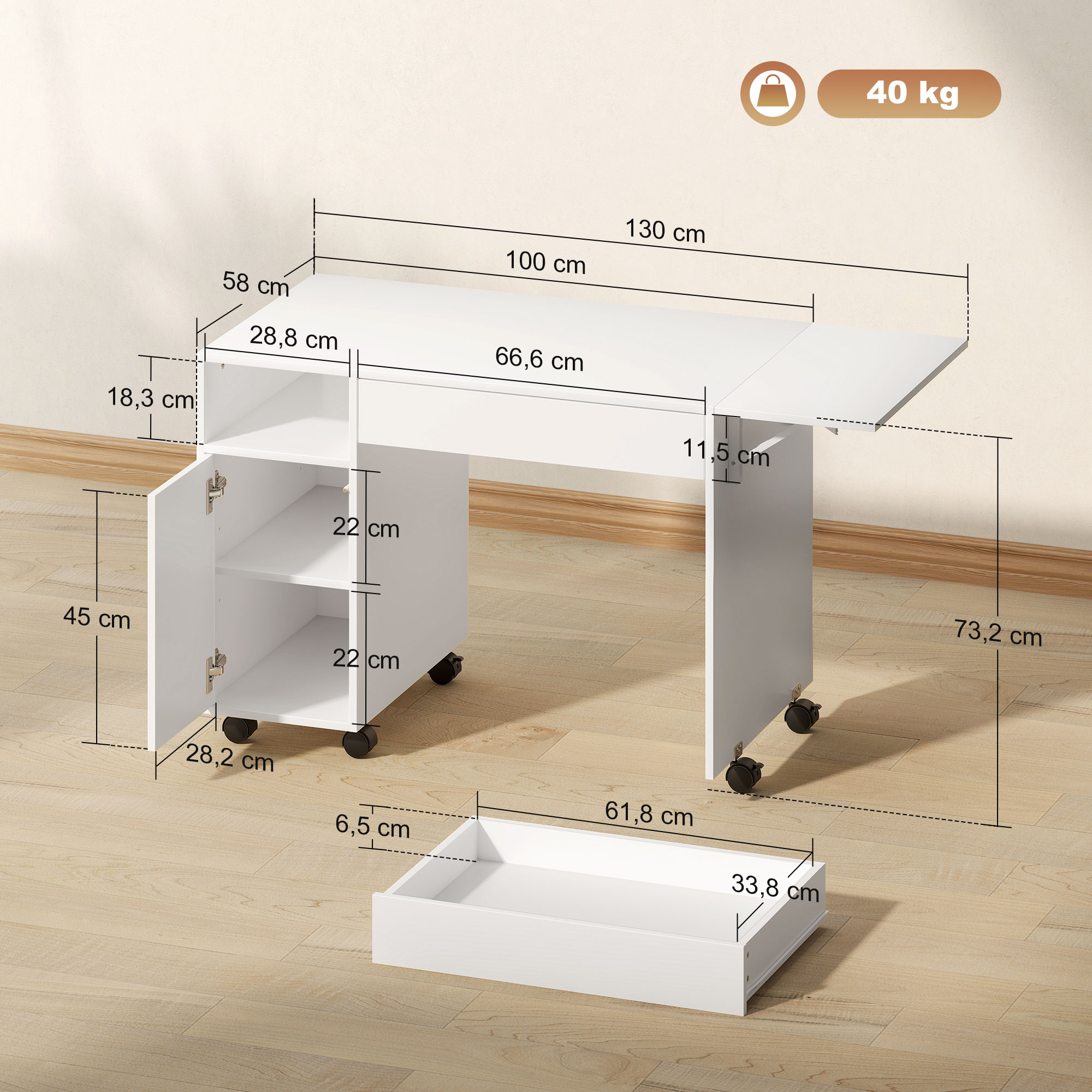 Rollbarer Computertisch, klappbarer Schreibtisch mit Schrank und Schublade, Spanplatte, Weiß