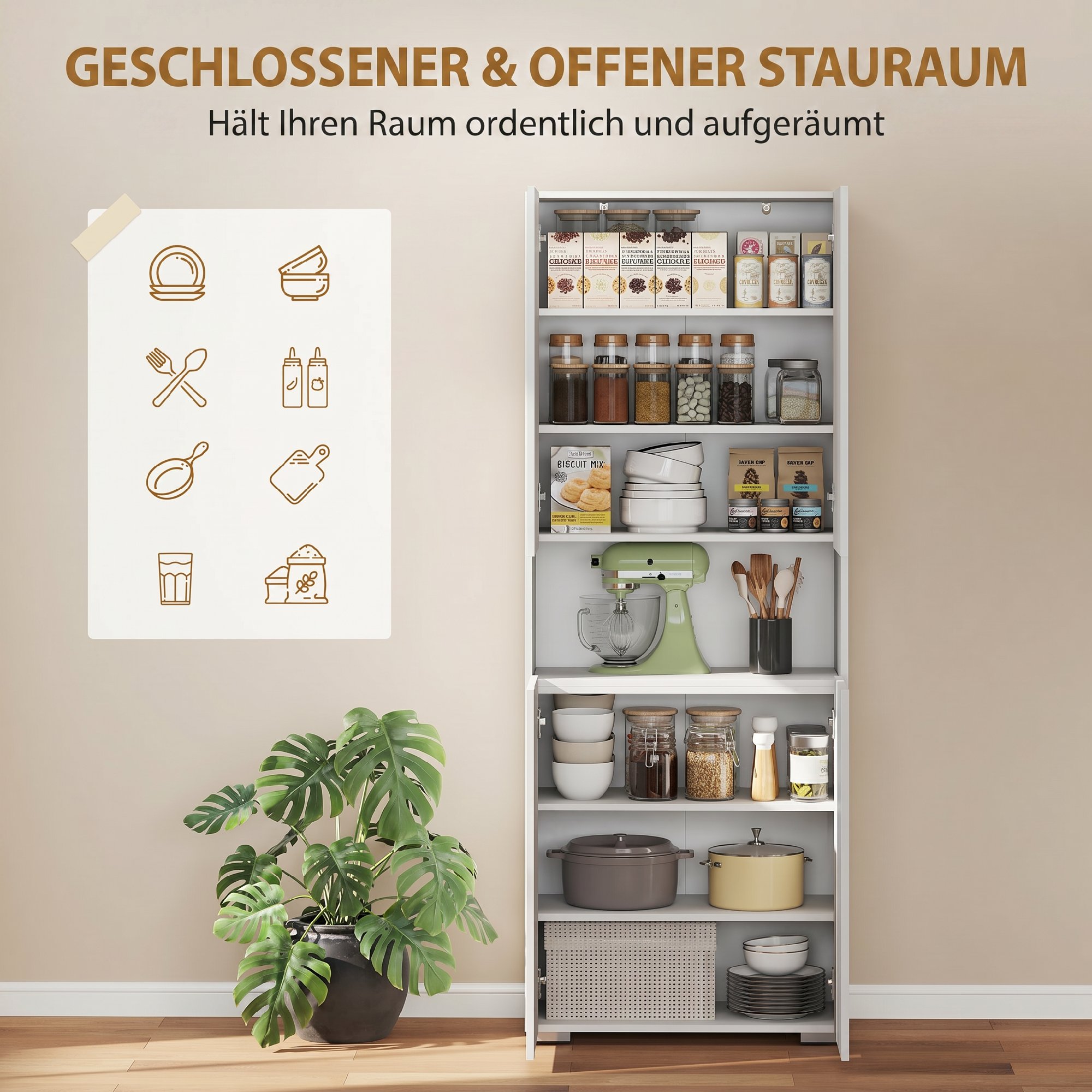 180 cm Hoher Küchenschrank, Vorratsschrank mit Soft-Close-Türen und Verstellbaren Regalen, Hochglanz Weiß