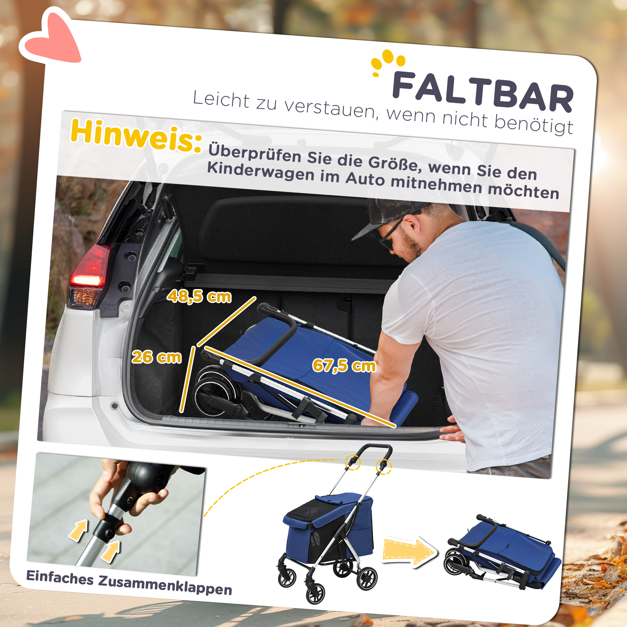 Hundewagen, Leichter und faltbarer Transportwagen für kleine Hunde, waschbares Kissen, Netzfenster, Dunkelblau