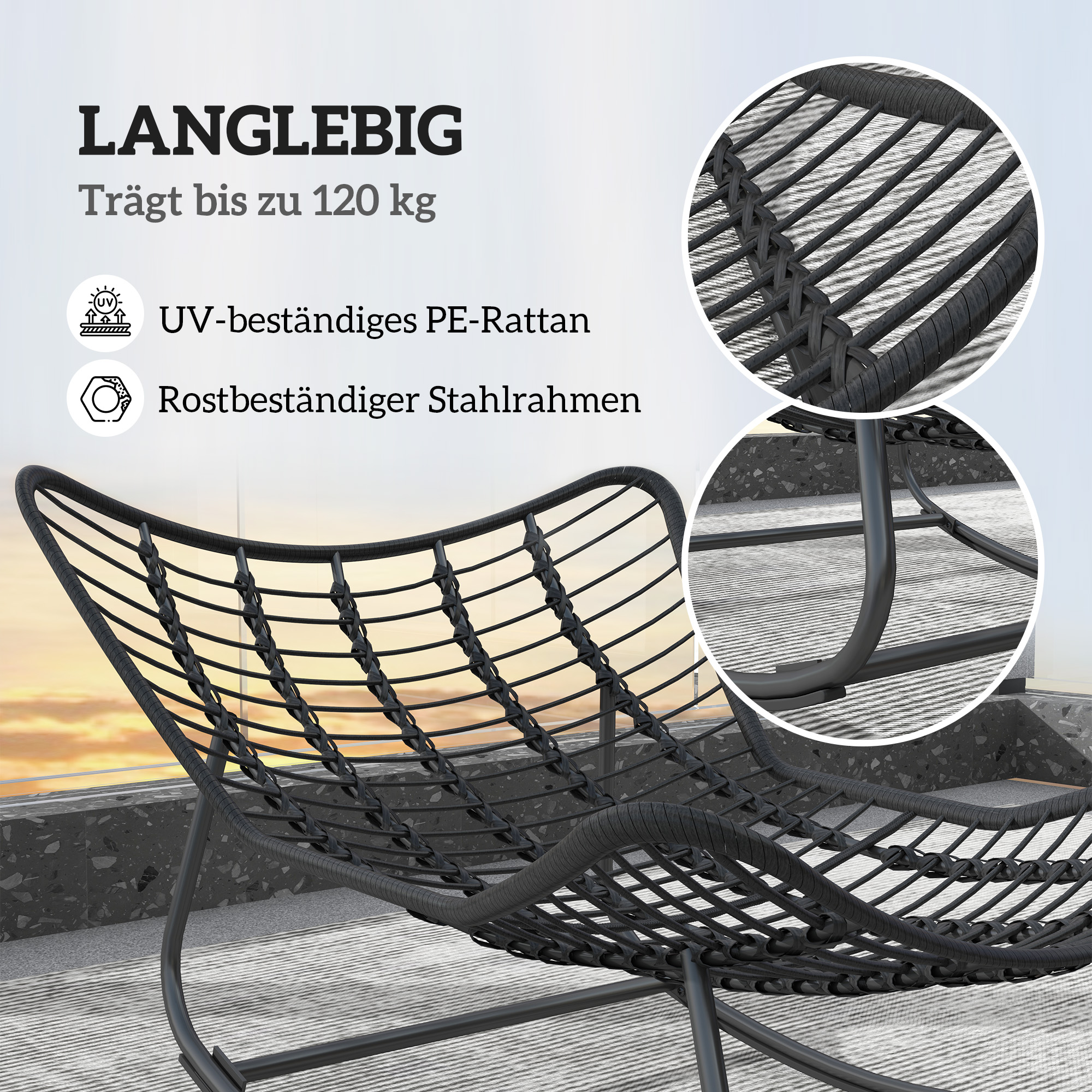 Rattan Schaukelstuhl Gartenbank mit Stahlrahmen Kissen 98 x 111 x 74 cm Grau