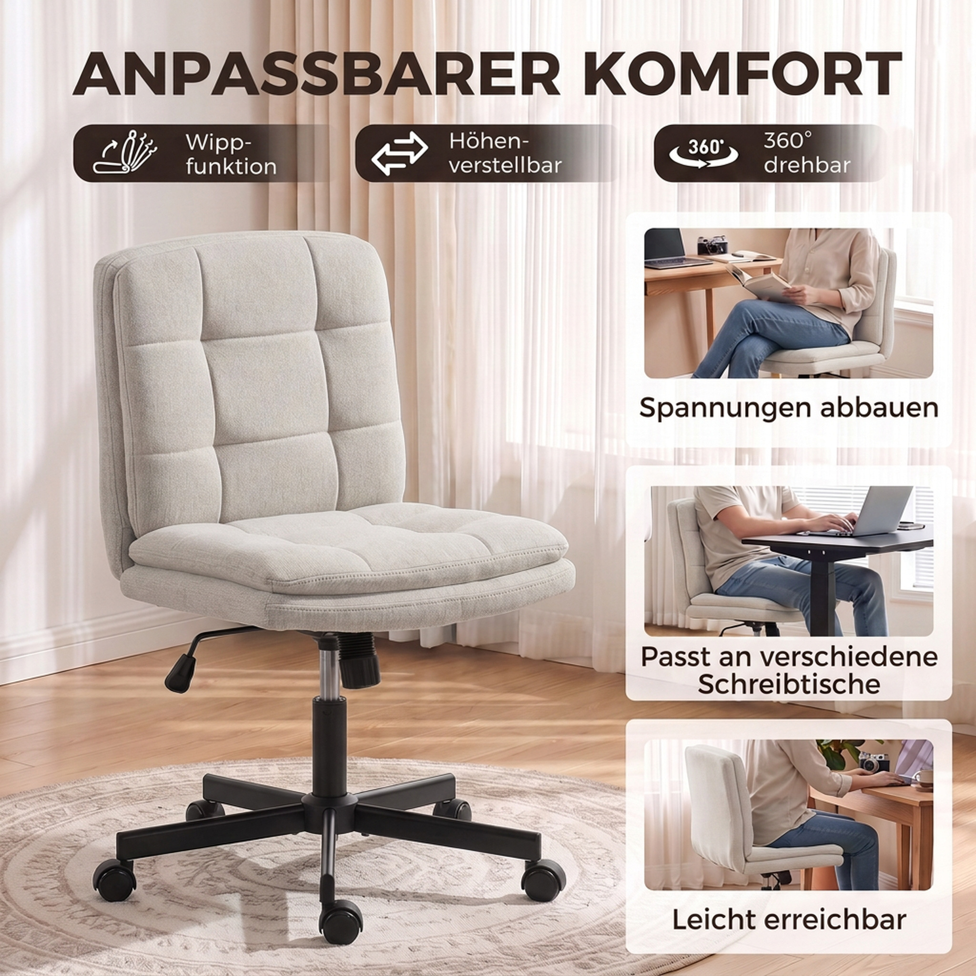 Bürostuhl ohne Armlehnen, Schreibtisch- & Schminkstuhl in Leinenoptik, mit Doppelschicht-Polsterung, Wippfunktion, Hellgrau