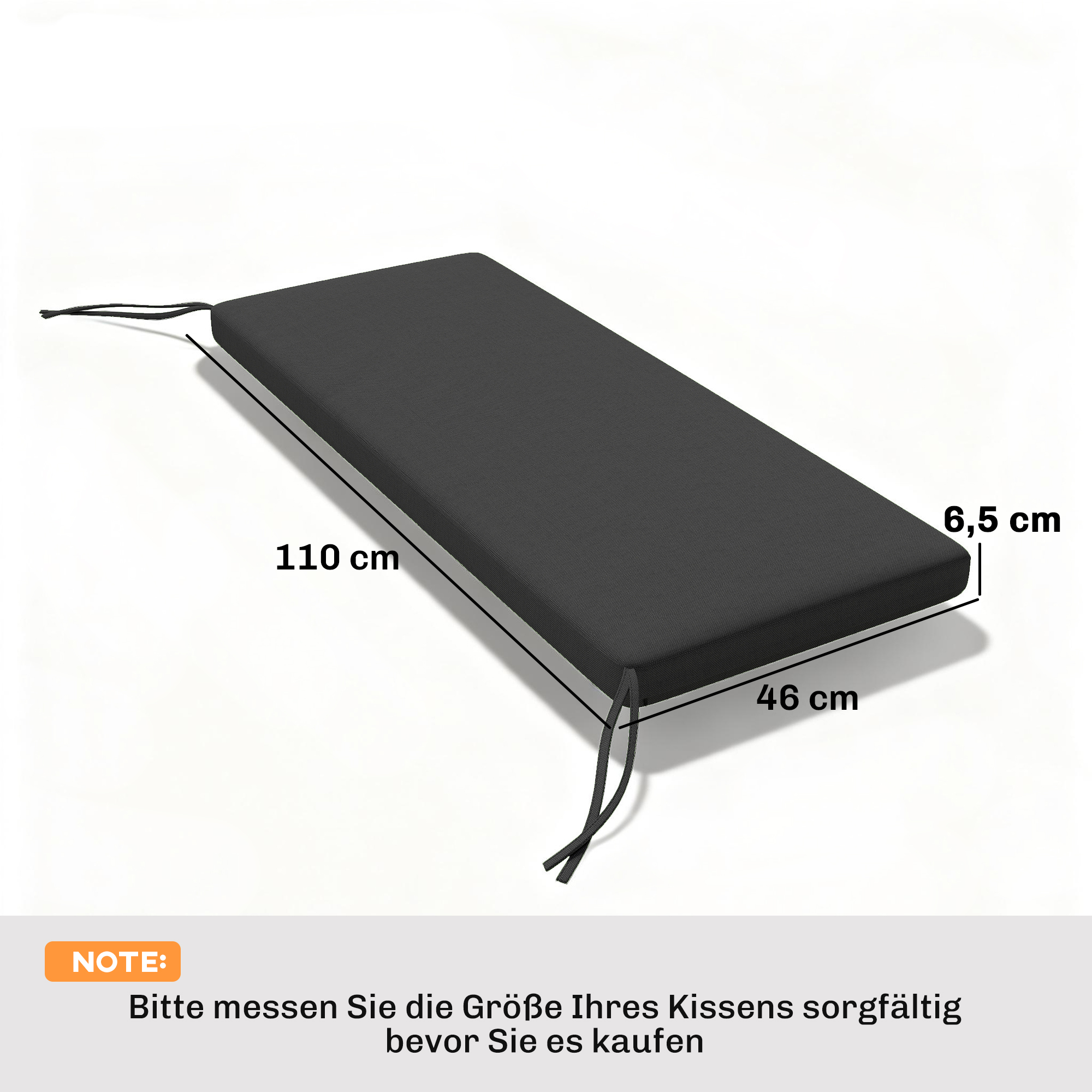 wasserabweisendes Bankkissen, Outdoor-Sitzpolster mit abnehmbarem Bezug und Befestigungsbändern für Garten und Terrasse, 110 x 46 cm, Dunkelgrau