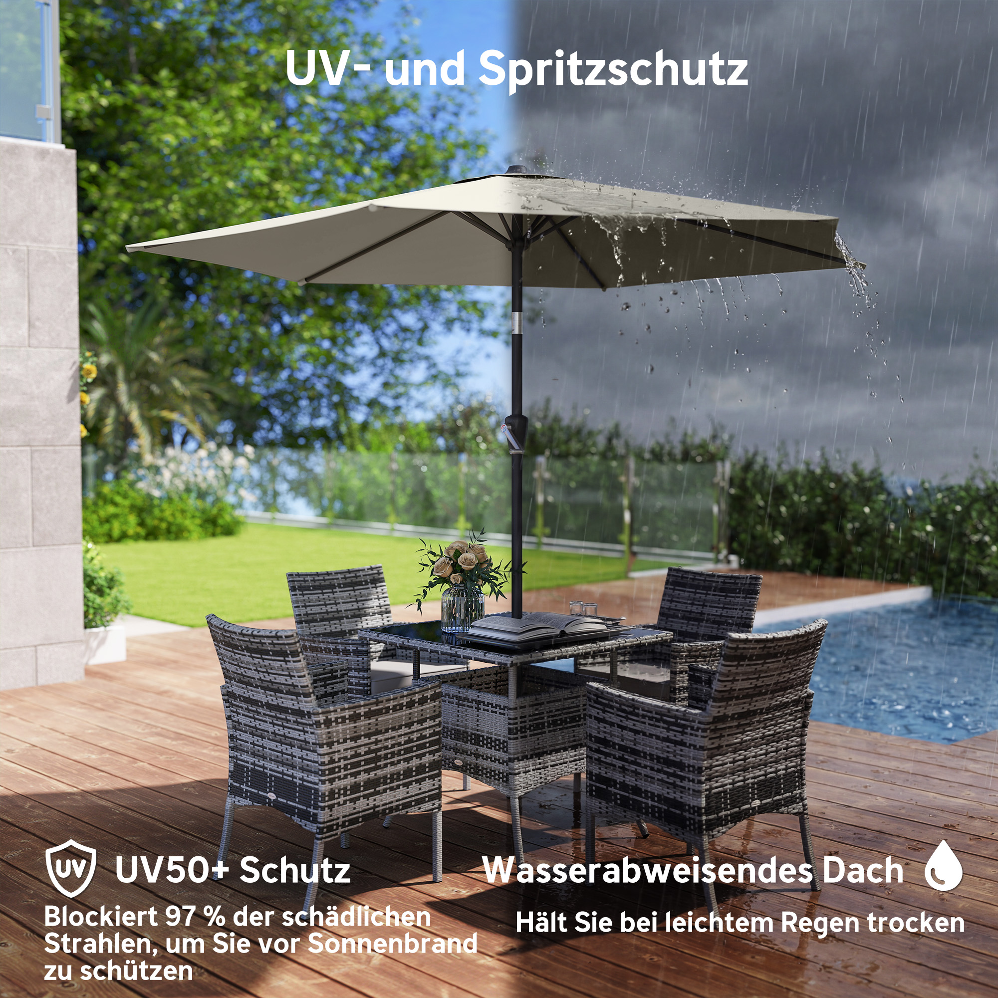 Sonnenschirm 270 cm knickbar Balkonschirm mit Kurbel UV 50+ Gartenschirm Cremeweiß