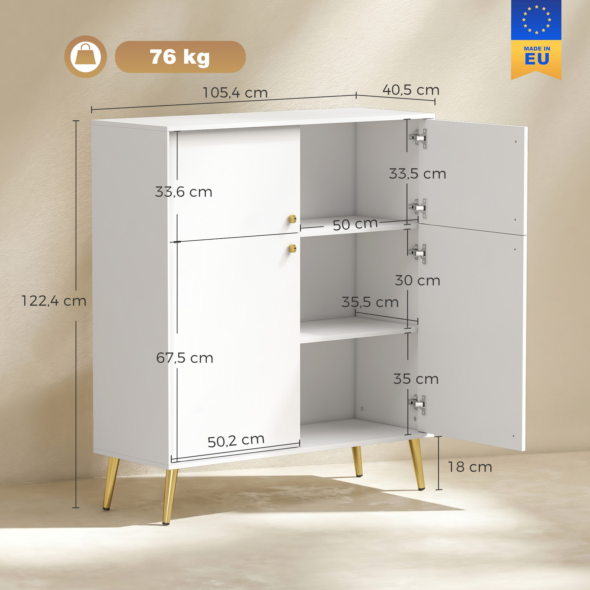 Modernes Sideboard, 105,4 cm Buffet mit Metallfüßen, für Esszimmer & Küche, Cremeweiß