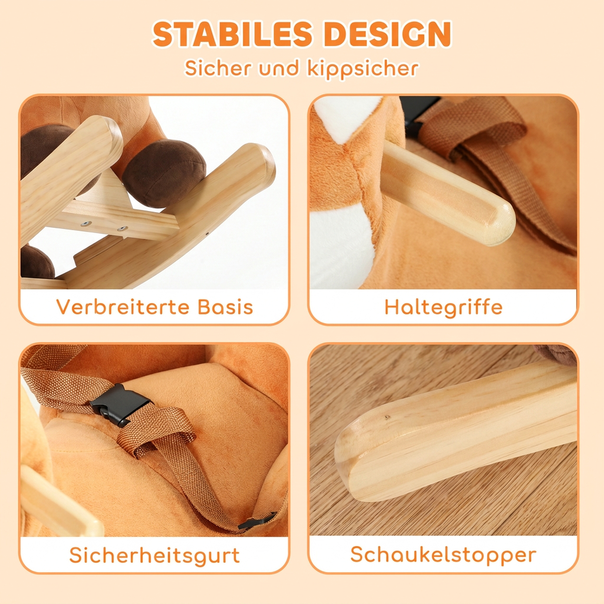 Schaukelpferd im Hirsch-Design, stabiles Plüsch-Schaukelpferd mit Tiergeräuschen, Sicherheitsgurt und Schaukelstopp