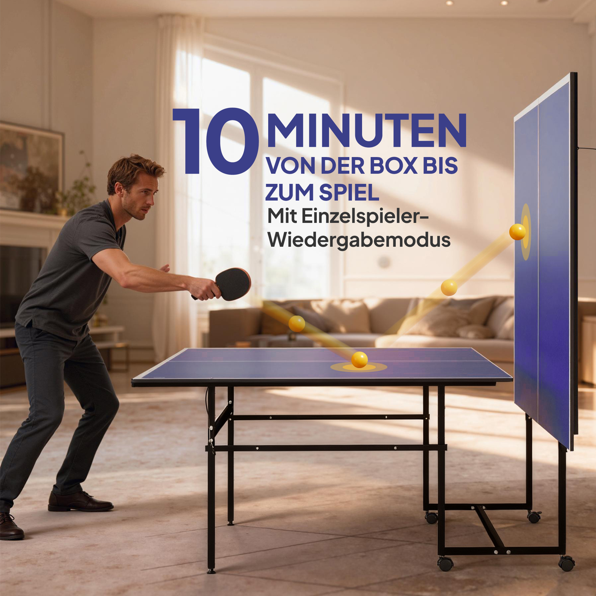 Tischtennisplatte, klappbar, mobil, 2 Schläger, 3 Bälle, Metallrahmen, 274x152,5x76 cm, Blau
