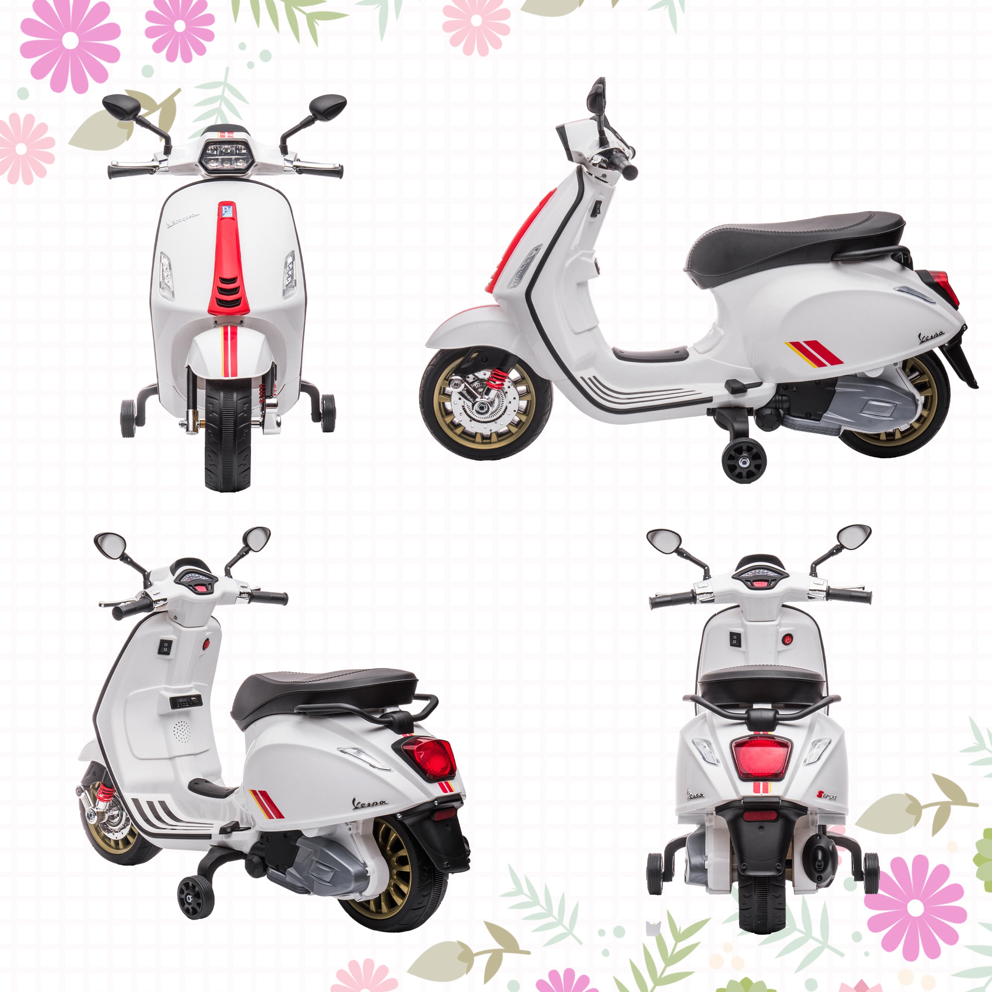 Elektro-Kindermotorrad, Vespa, 3 km/h, 3-6 Jahre, Musik, Licht & Radio, Weiß