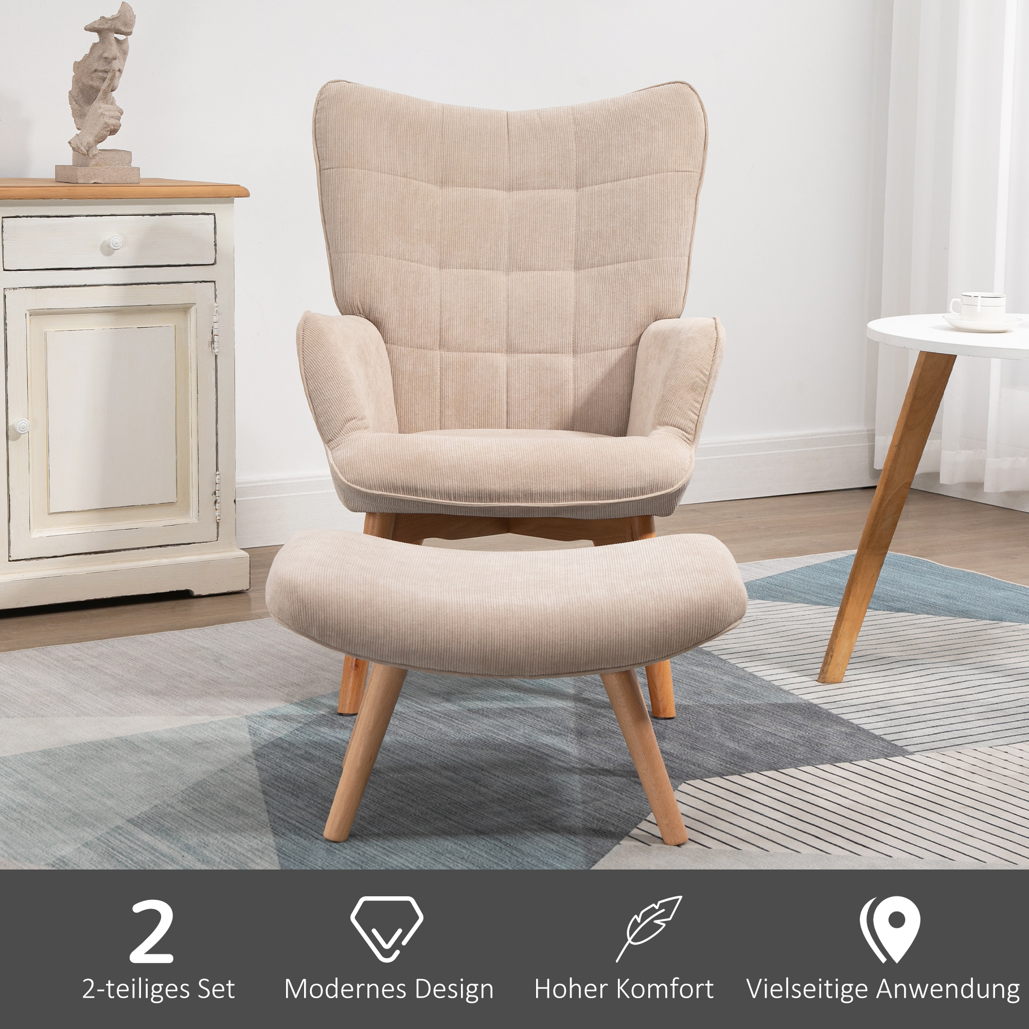 Akzentsessel mit Hocker, Relaxsessel in Cord-Optik, Armlehnstuhl mit Holzbeinen, für Wohnzimmer, Beige