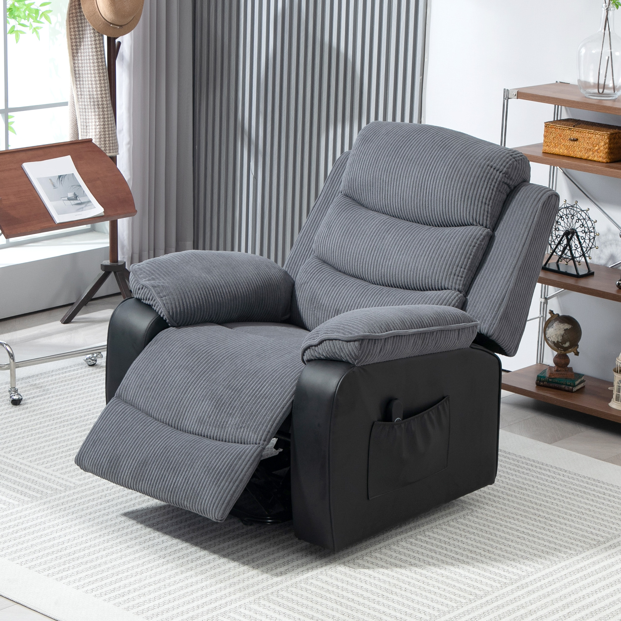 Aufstehsessel mit weichem Cordbezug, Recliner-Sessel mit Fernbedienung und Seitentaschen, Dunkelgrau