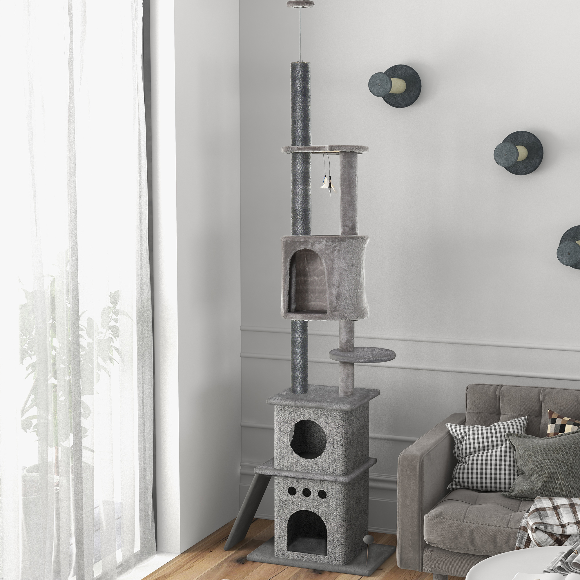 Kratzbaum Deckenhoch Höhenverstellbar 225-255 cm Katzenturm mit 6 Ebenen 3 Höhlen Katzenspielzeug Kratzbrett Katzenkratzbaum für mittelgroße Katzen, Hellgrau